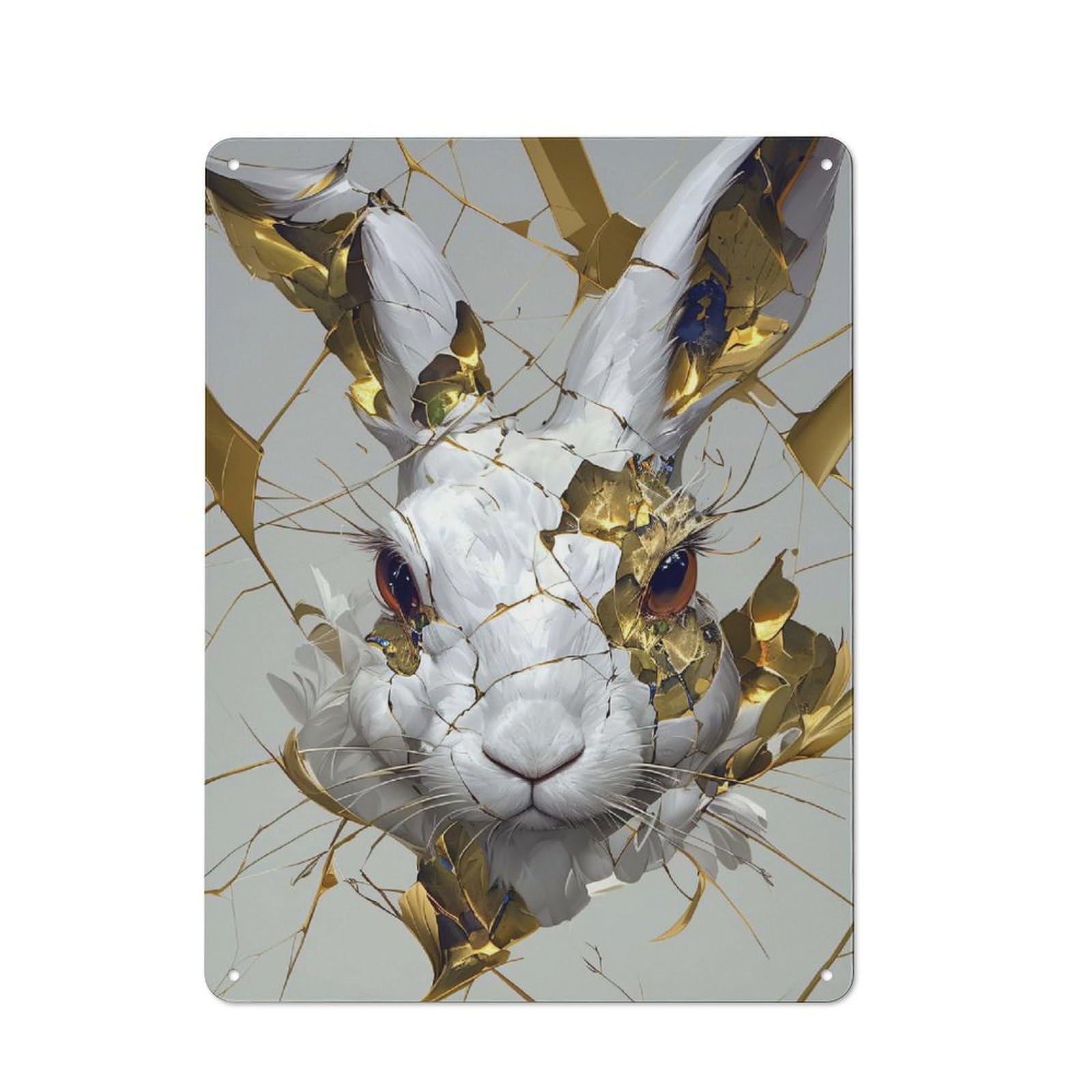 Junmoney Style-16 Cracked Golden Rabbit Portrait Vintage Metal Sign 40X30cm For Lounge Or Reading Corner, For A Room Refresh Centred On Metal Wall Decor