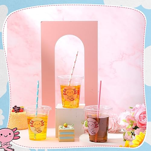 Miniatura 7 de Juego de 120 vasos desechables de ajolote transparente de 12 onzas con tapas y pajitas de papel, tazas de café helado para niñas, decoración de