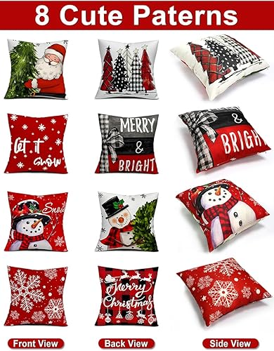 Miniatura 3 de Juego de 4 fundas de almohada navideñas con estampado de doble cara de 18 x 18 pulgadas, con 8 bonitos patrones, fundas de almohada perfectas para