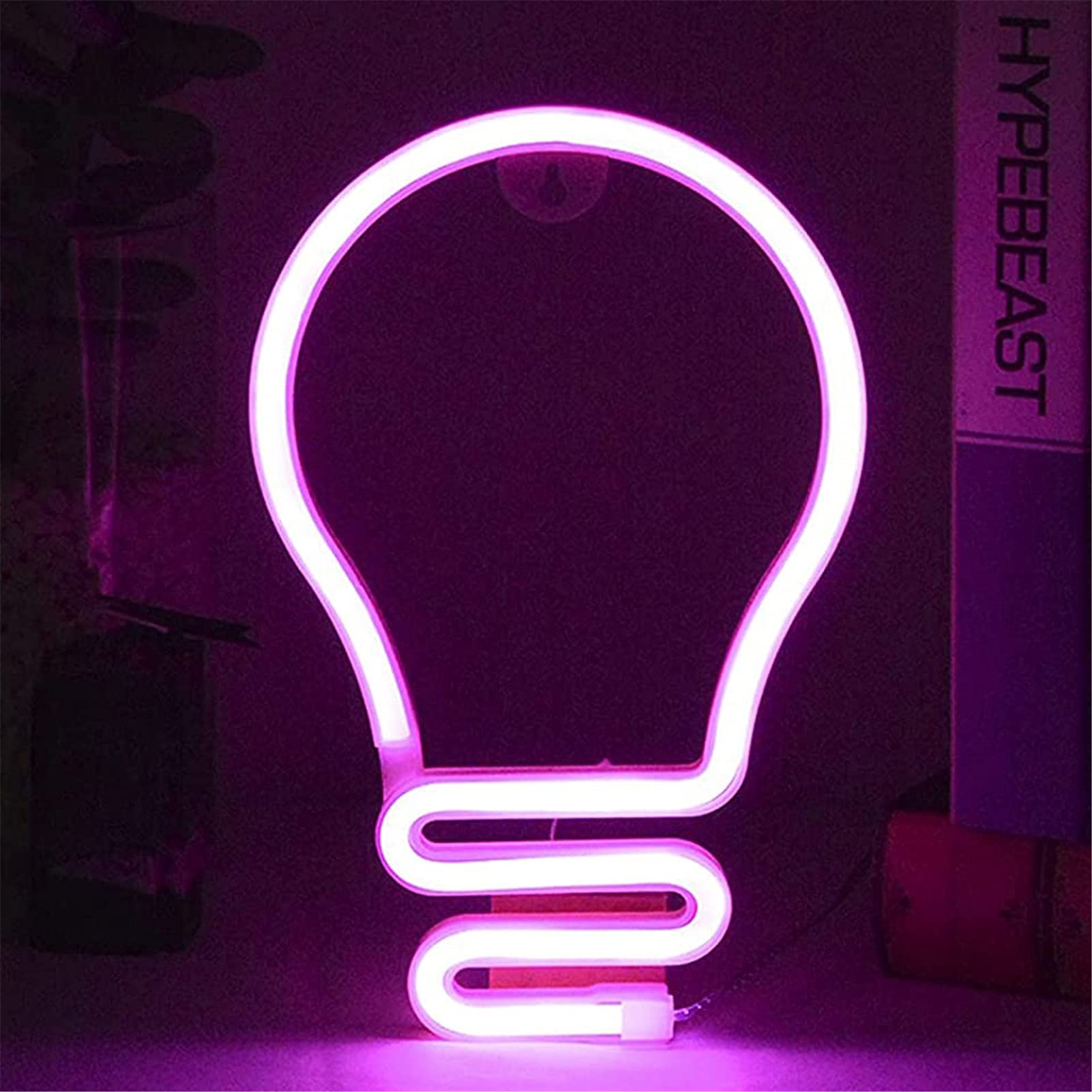 DUBENS Lighting bulb neon sign, LED neon night light hanging neon LED for bedroom, children's room, bedroom, light bulb guided sign wall art decor (pink)