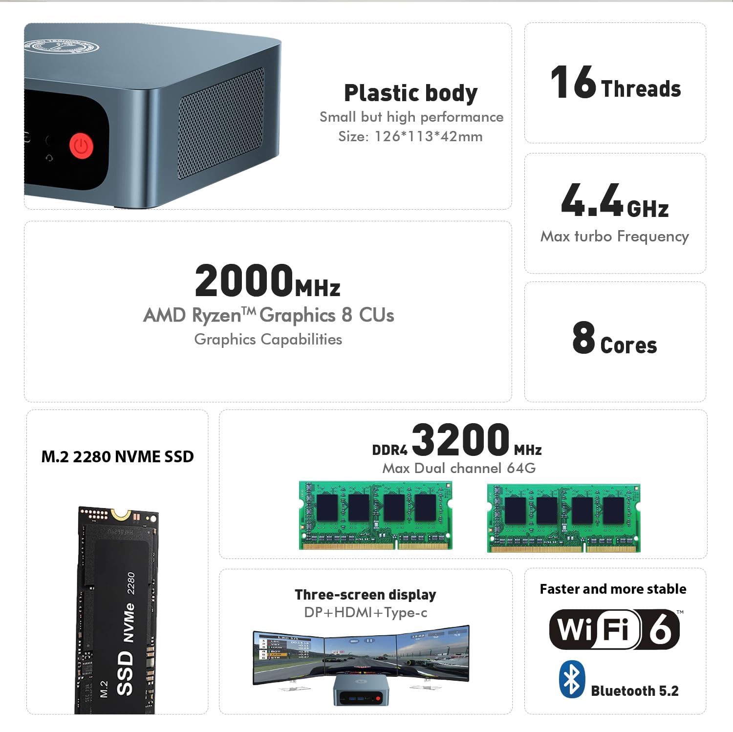 TRIGKEY Mini PC AMD Ryzen 7, 5800H (até 4,4 GHz) Mini desktop para