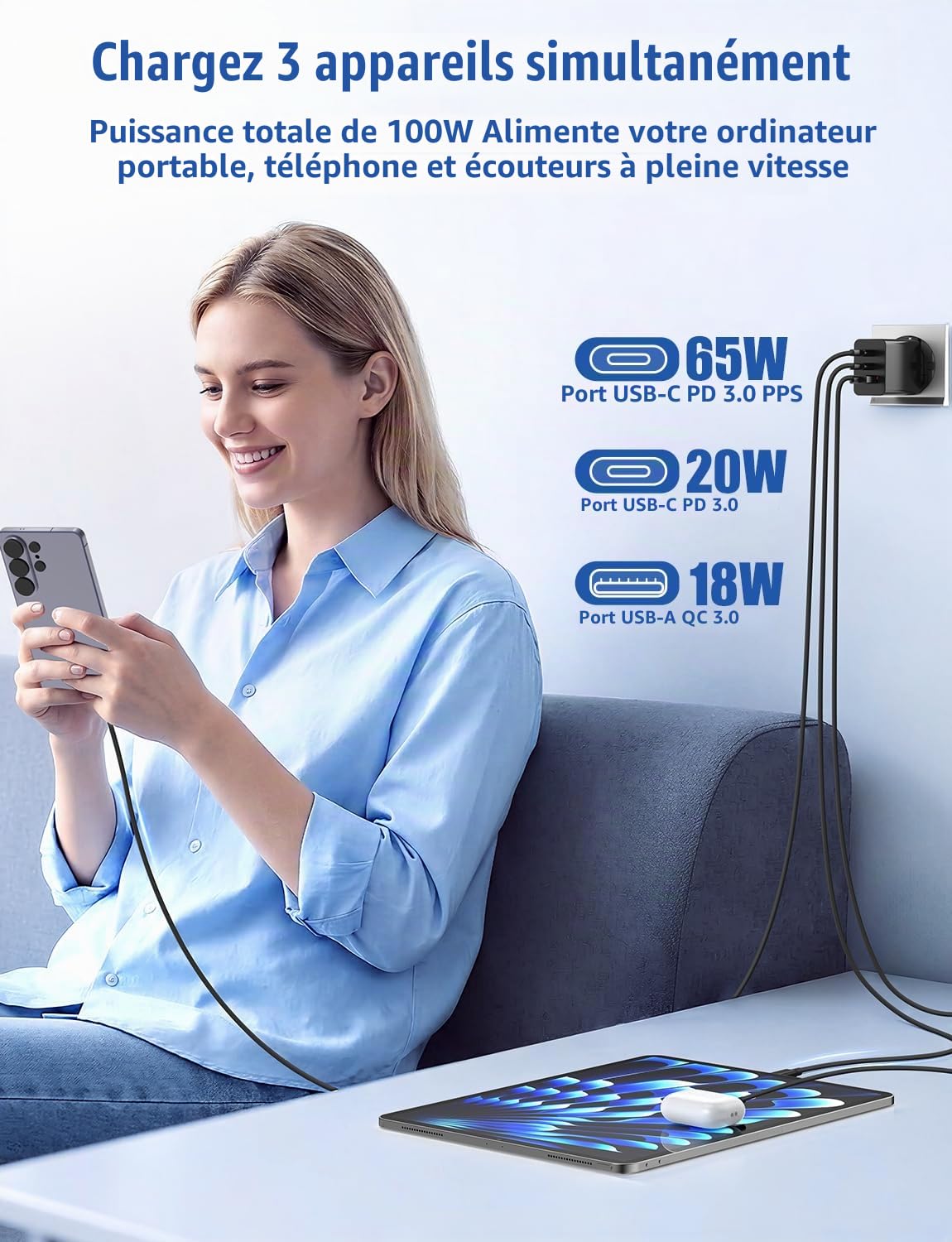 65W Chargeur USB C Rapide pour Samsung Galaxy S26/S25/S24/S23 Ultra,3-Ports Chargeur Macbook Rapide USBC avec Câble 1M+2M Compatible avec MacBook Air/Pro/Neo M5 M4 M3 M2 M1, iPad Pro,pour iPhone 17/16