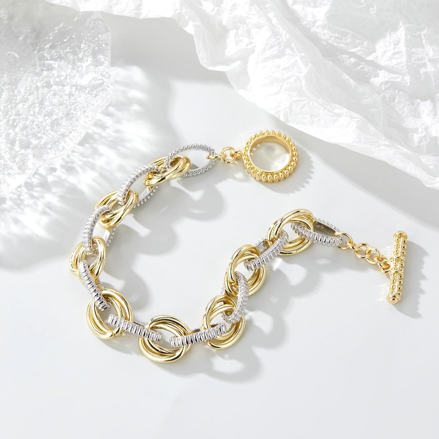 Mytys Link Bracelet for Women Gold and Silver 2 tone Circles Chain Wire Bangle Bracelets - Image 5