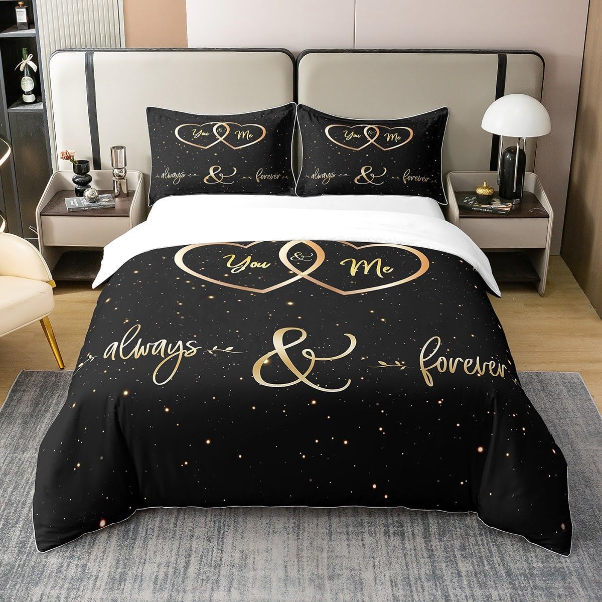 richhome King Mr Mrs 100% Cotton Bedding Set You and Me for Couple Lover Men Funny Quotes Duvet Cover Gold and Black Romantic Wedding Themed Down Alternative for Room Decor Quilt Cover