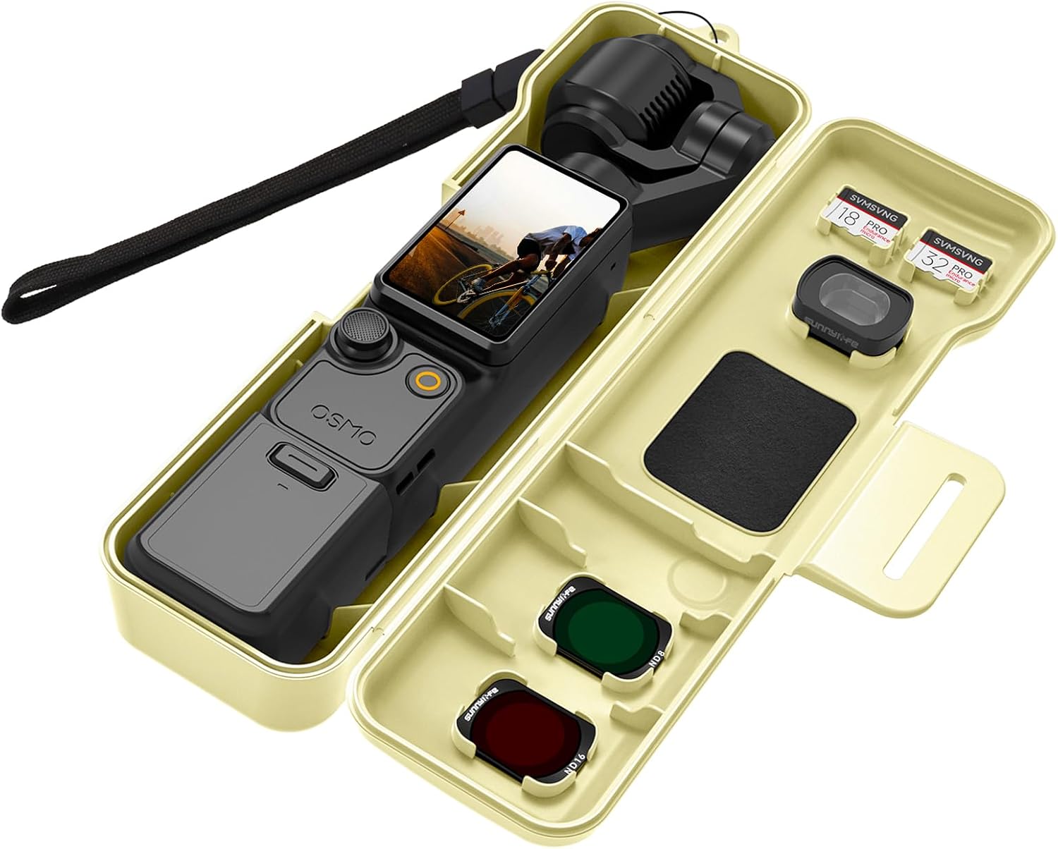Travel Case for DJI Osmo Pocket 4 Creator Combo Accessories, Compact Hard Shell with 3 Magnetic CPL/ND Filters Storage Slots and 2 SD Card Slots, with Wrist Strap (Light Yellow)