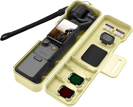 Travel Case for DJI Osmo Pocket 4 Creator Combo Accessories, Compact Hard Shell with 3 Magnetic CPL/ND Filters Storage Slots and 2 SD Card Slots, with Wrist Strap Light Yellow