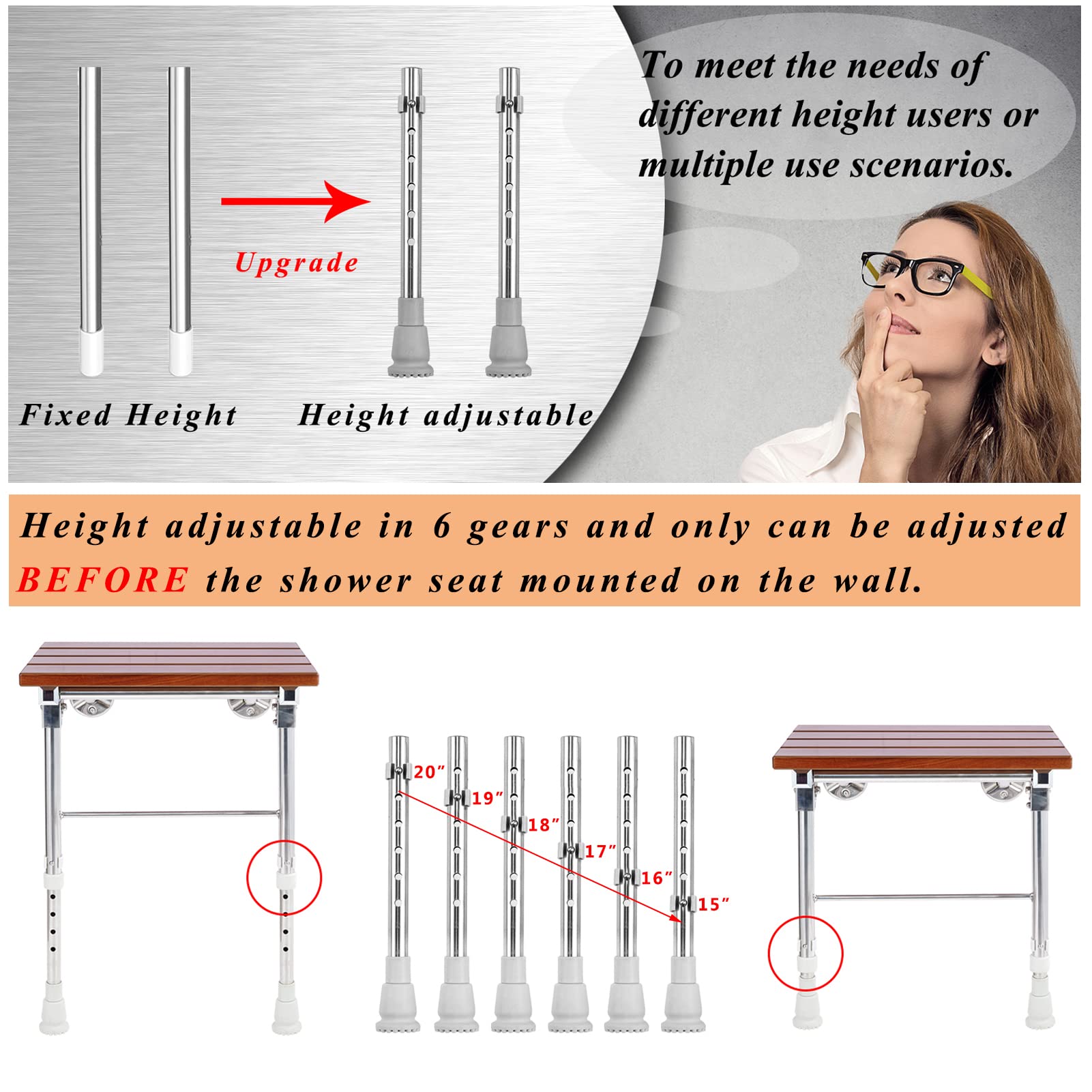 Składane siedzisko prysznicowe montowane na ścianie z nogami, ławki prysznicowe, krzesło do wewnątrz prysznica, składane siedzisko prysznicowe dla seniorów, mała przestrzeń prysznicowa, składana