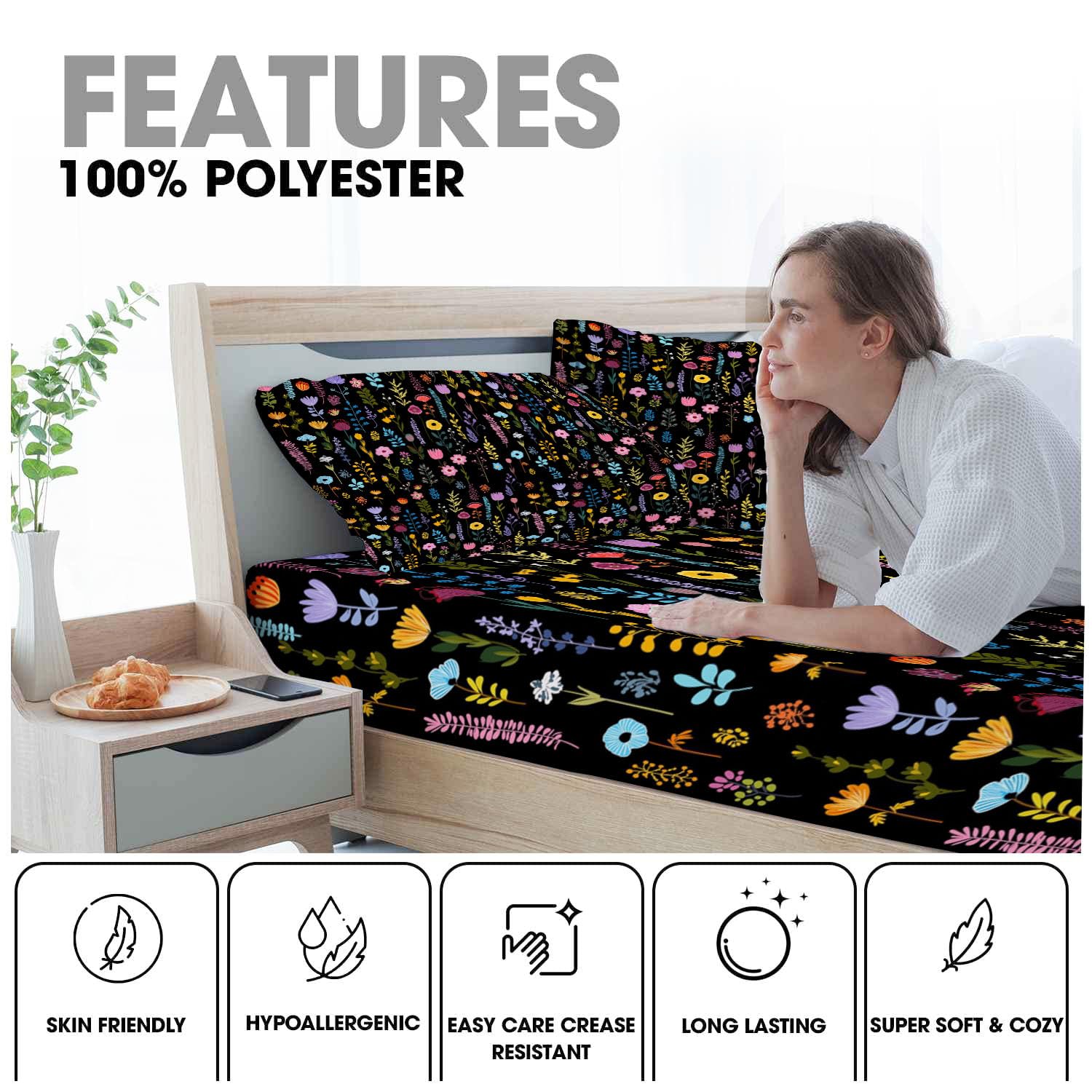 Sábanas 200X190/200Cm - Juego De Sábanas 3 Piezas Estampadas Dibujos Florales - Microfibra Suave Transpirable - Sábana Bajera Ajustable - Ropa De Cama Lindo Grafiti (Tinta Negra)