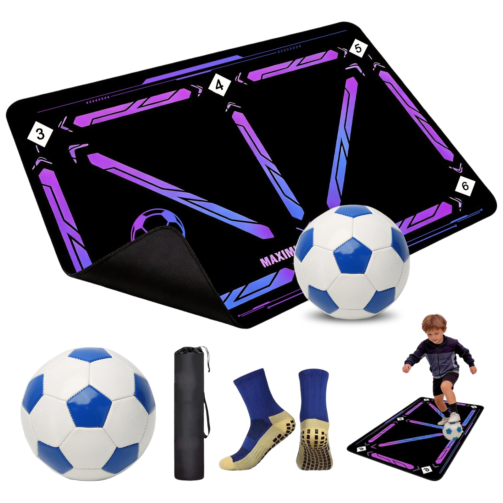 2Pcs Football Training Mat with Football and Socks, Football Skills Mat Mastery Footstep Agility Pad To Boost Speed, for Footwork, Passing & Accuracy, Ideal Football Training Equipment Gifts