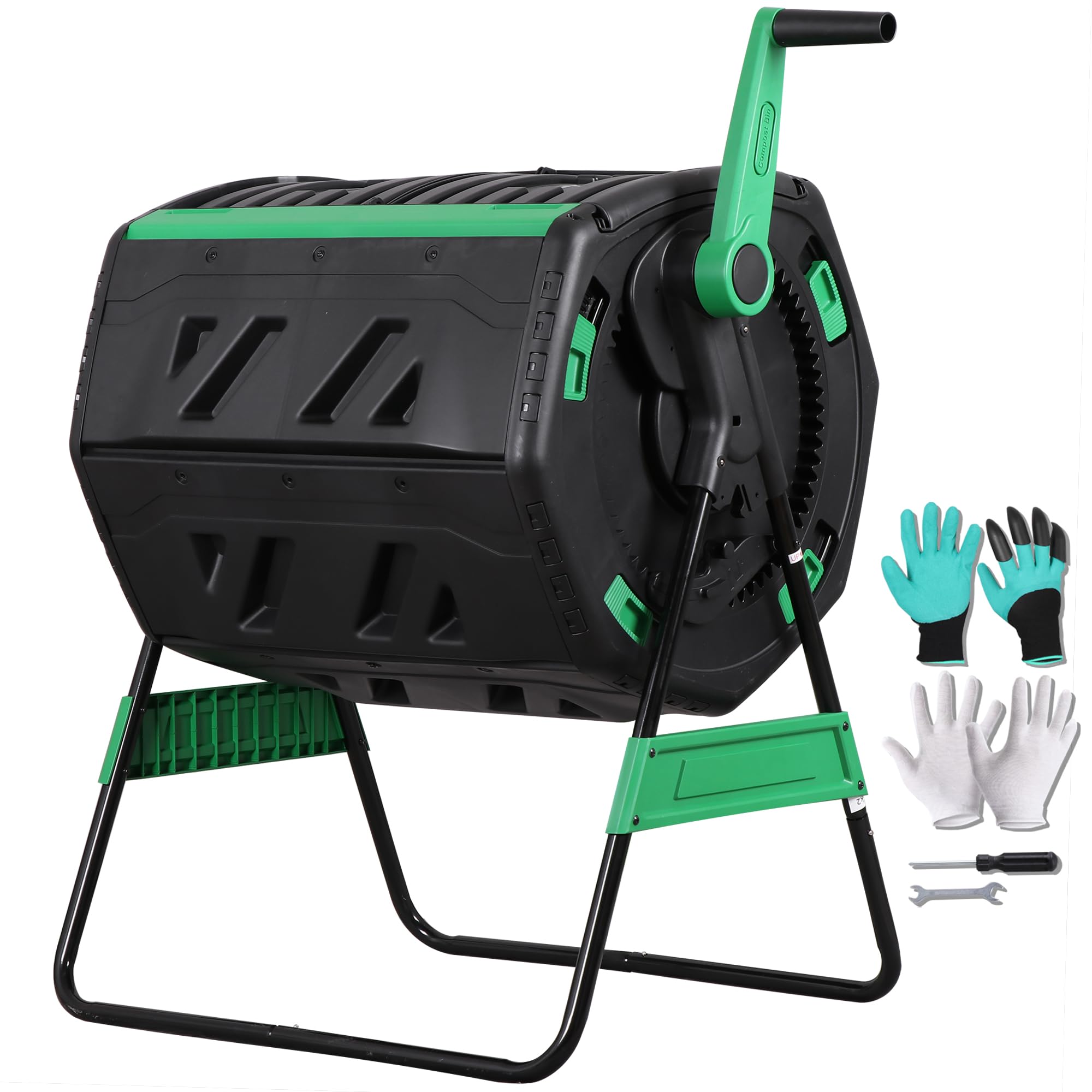 F2C 53-Gallon Dual Chamber Compost Tumbler, Outdoor Compost Bin with 360° Hand Crank & Ad…
