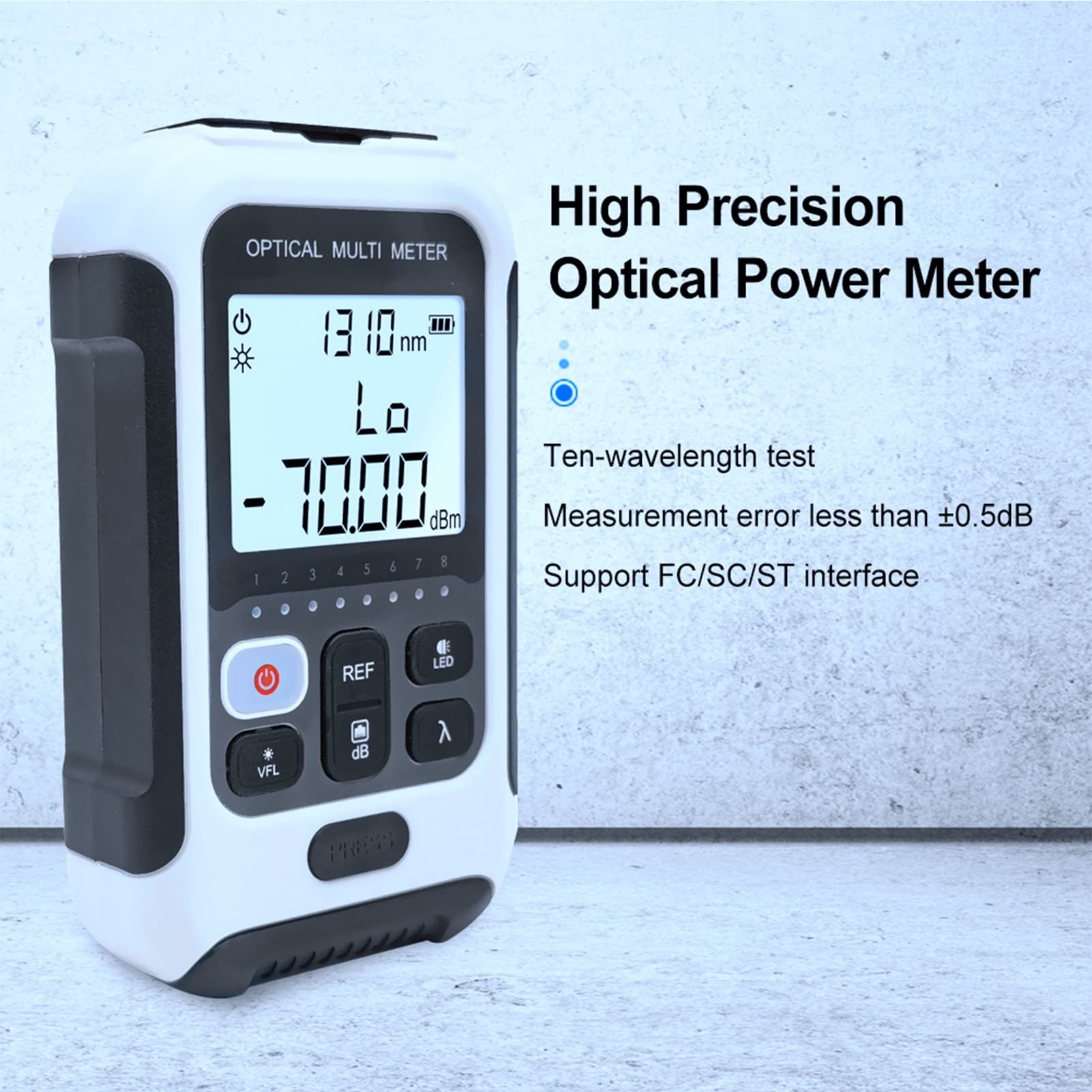 Medidor de Potencia óptica, Medidor de Potencia de Fibra óptica 3 en 1 con 10 Longitudes de Onda FC/SC/ST Probador de Fibra de Interfaz Universal con Calibración y Cálculo