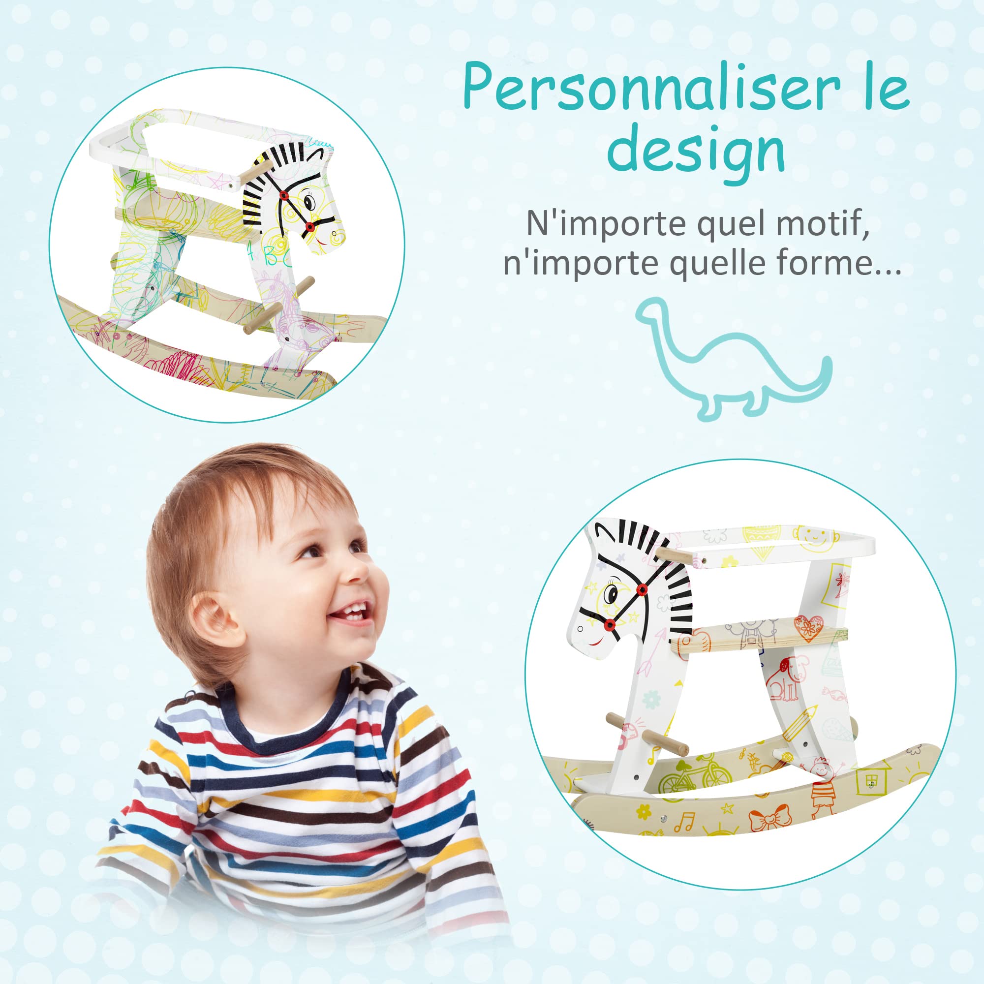HOMCOM Cheval à Bascule Zebra - Cheval à Bascule en Bois - Jeu de balançoire en Bois - Poignées pour Repose-Pieds - Anneau de sécurité
