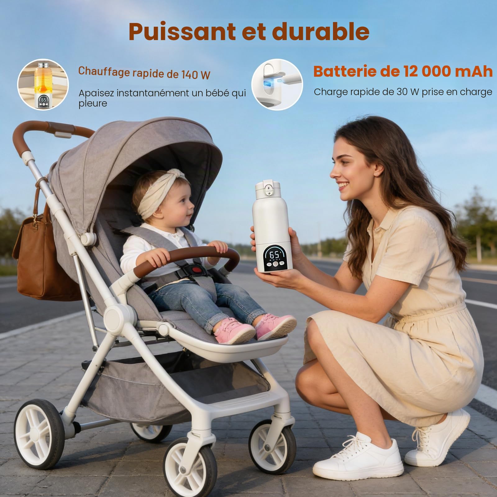Chauffe biberon portable, 500 ml, chauffe rapide 140 W pour lait maternel et eau, chauffe biberon nomade avec régulation précise 35–70 °C, batterie 12000mAh