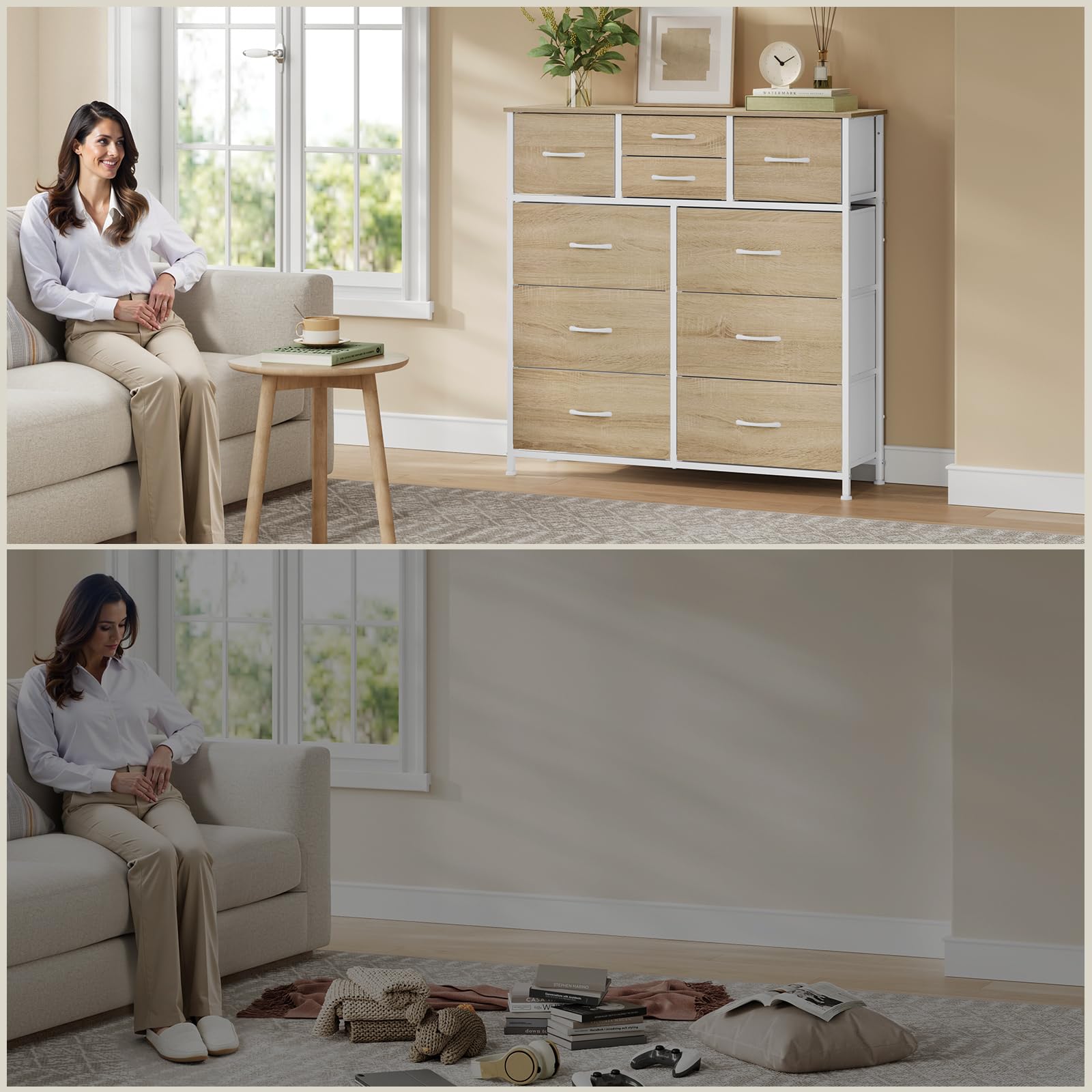 WOLTU Cajonera de Tela, Cómoda Dormitorio de Tela, Unidad de Almacenaje con 10 Cajones, para Recibidor y Salon, Estructura de Metal Resistente, Roble Claro+Blanco, SSK009whe