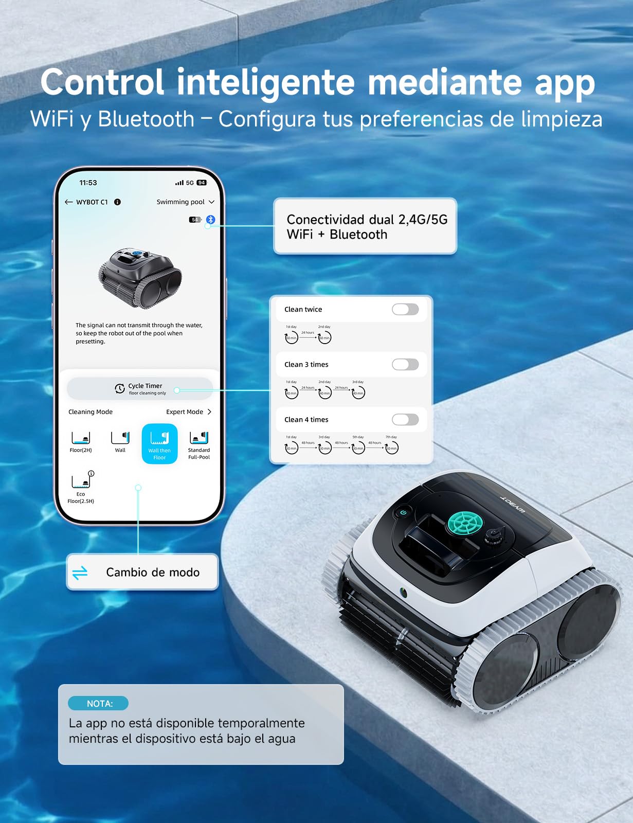 WYBOT C1-P Robot de Piscina y Robot limpiafondos Piscina, Robot Piscina limpiafondos y Paredes - 4 en 1 Aspirador sin Cable, succión Mejorada, 5 Modos, App, 155m² – Verde Noche Escarchada