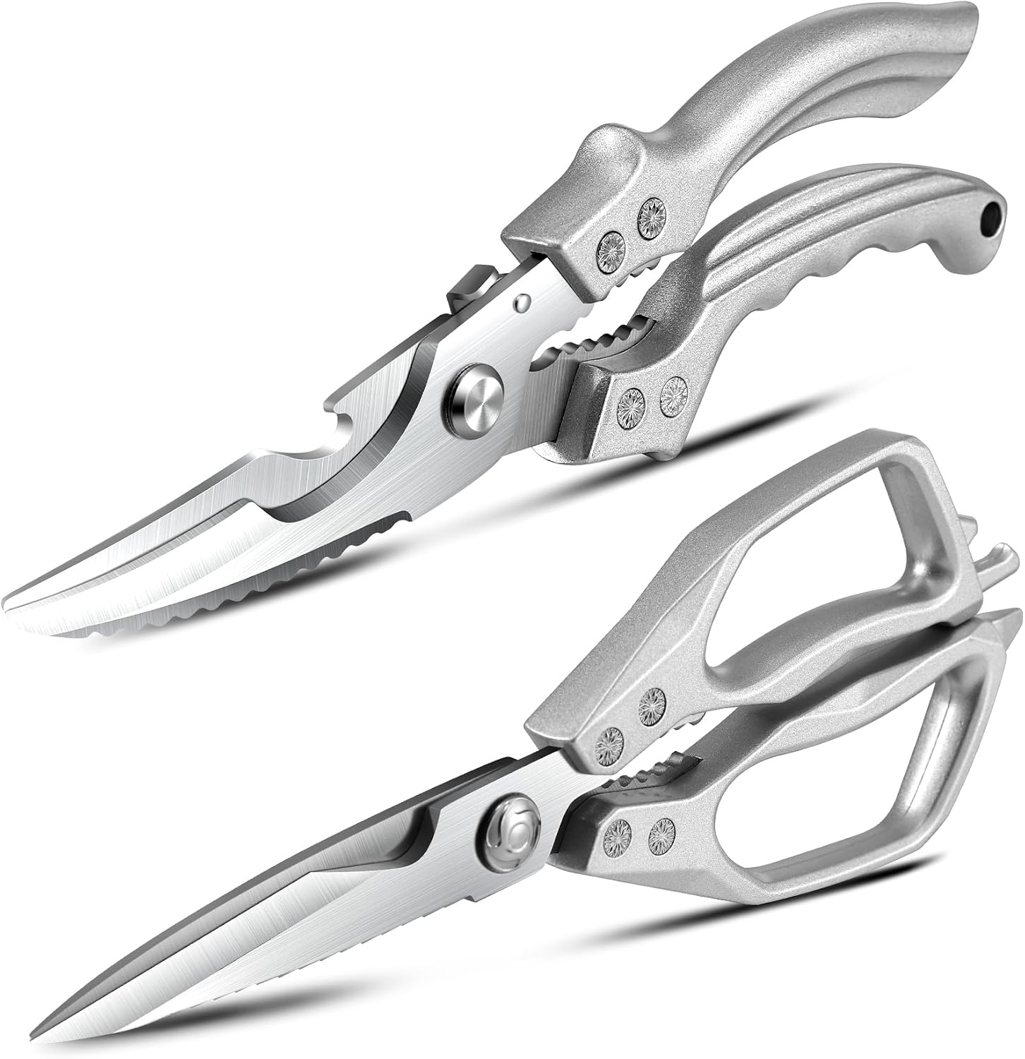 2PCS Kitchen Shears Set Multi-Purpose Kitchen Scissors for Food Heavy Duty | Culinary Chef Scissors for Chicken Meat Vegetables Herbs Scaling Fish, Good Grips, Professional Poultry Shears, Silver