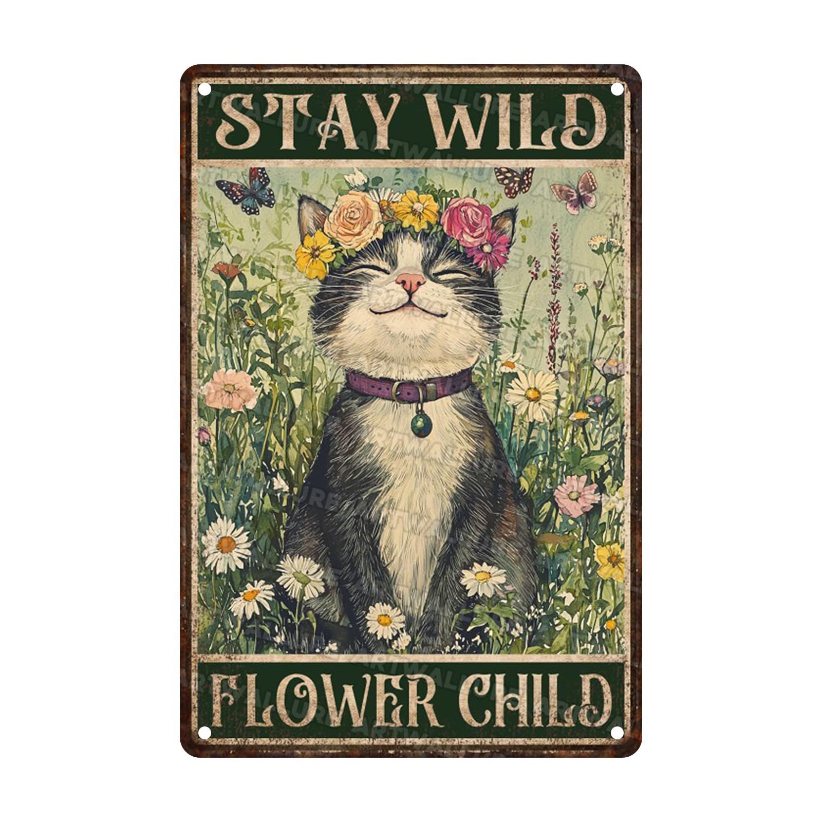 Stay Wild Flower Child Cat and Flower Hippie Metal Sign Vintage Wall Art Bohemian Home Decor Tin Plaque 8x12inch