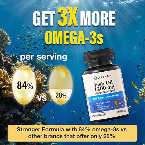 Miniatura 2 de DAIKEN Mini aceite de pescado de 1200 mg, rTG Omega 3 1000 mg, 60 cápsulas blandas, aceite de pescado de alta absorción y sin eructos para un
