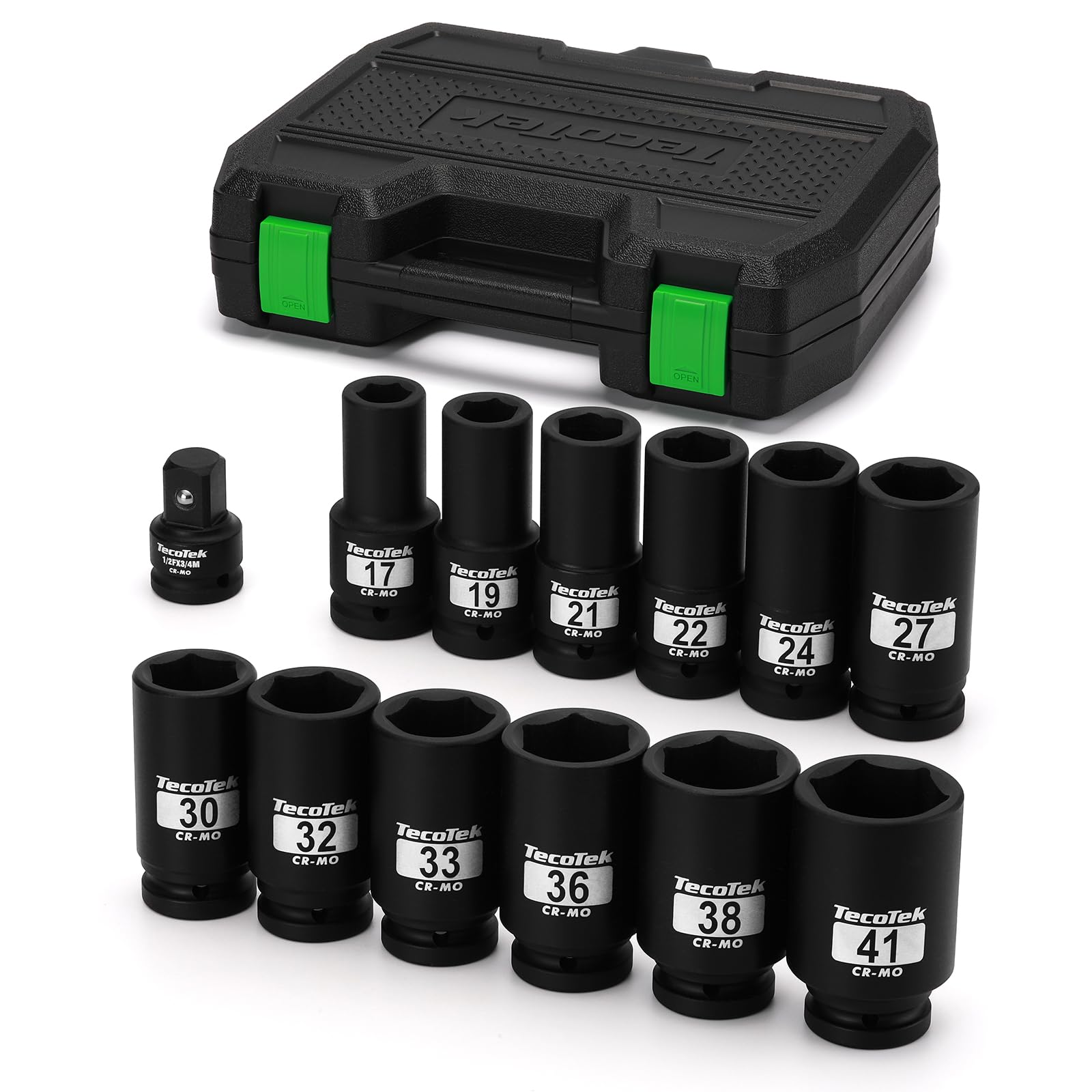 TecoTek 3/4" Drive Deep 6-Point Impact Socket Set, 13-Piece Jumbo Assortment, Cr-Mo, Metric (17mm to 41mm), 1/2" F to 3/4" M Impact Socket Adapter, for Large Vehicle and Apparatus Maintenance