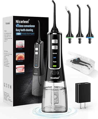 Nicefeel - Limpiador de dientes de agua inalámbrico de 101fl oz irrigador bucal portátil recargable por USB para viajes hogar 3 modos IPX7