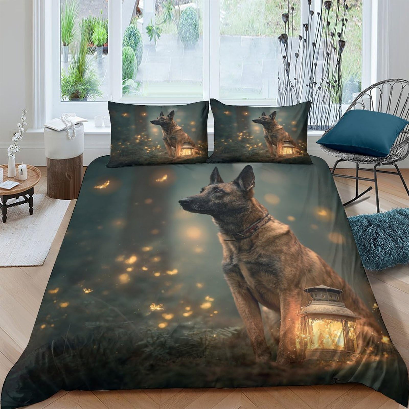 Ctjqhvkz Style-10 3D Printed Firefly Night Fitted Sheet Microfiber Soft Breathable German Shepherd Bed Cover For Bedroom Dorm Decor Single（135X200cm）