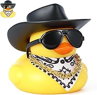 FINEED Black Cowboy Hat Rubber Duck with Sunglasses, Bandana & Gold Necklace - Funny Squeaky Dashboard Decor & Stress Reliever