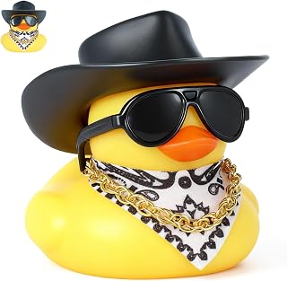 FINEED Black Cowboy Hat Rubber Duck with Sunglasses, Bandana & Gold Necklace - Funny Squeaky Dashboard Decor & Stress Reliever