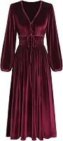 ZAFUL Women's Long Sleeve Velvet V-Neck Midi Dress - 2025 Fall Holiday Cocktail Party & Wedding Guest Semi-Formal Wear