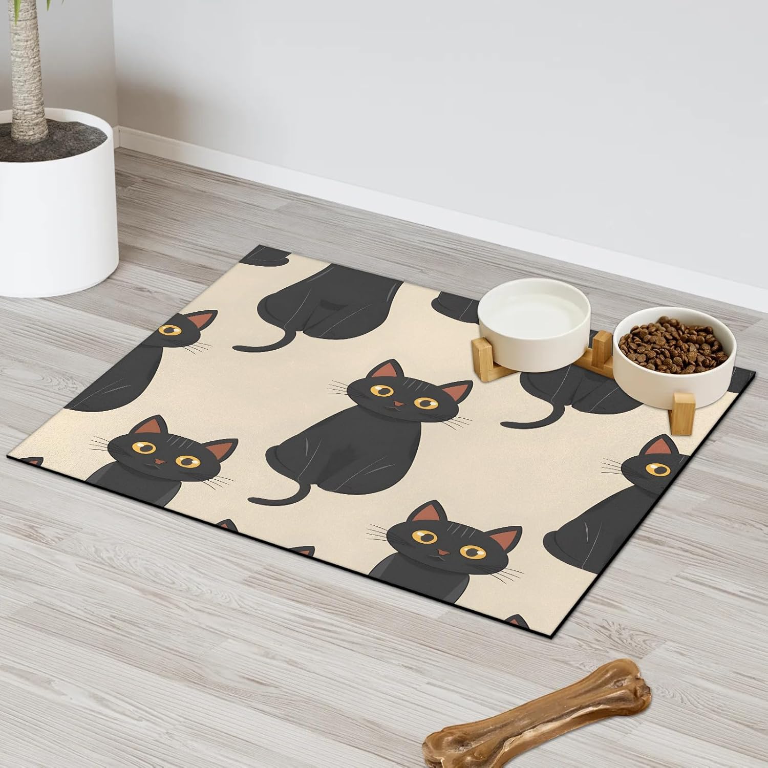 Hexteria Cats Animals Dog Cat Food Mat 24 x 32 in Black Cat Absorbent Leakproof Pet Feeding Mat for Food and Water Bowl Non Slip No Stains Pet Placemat