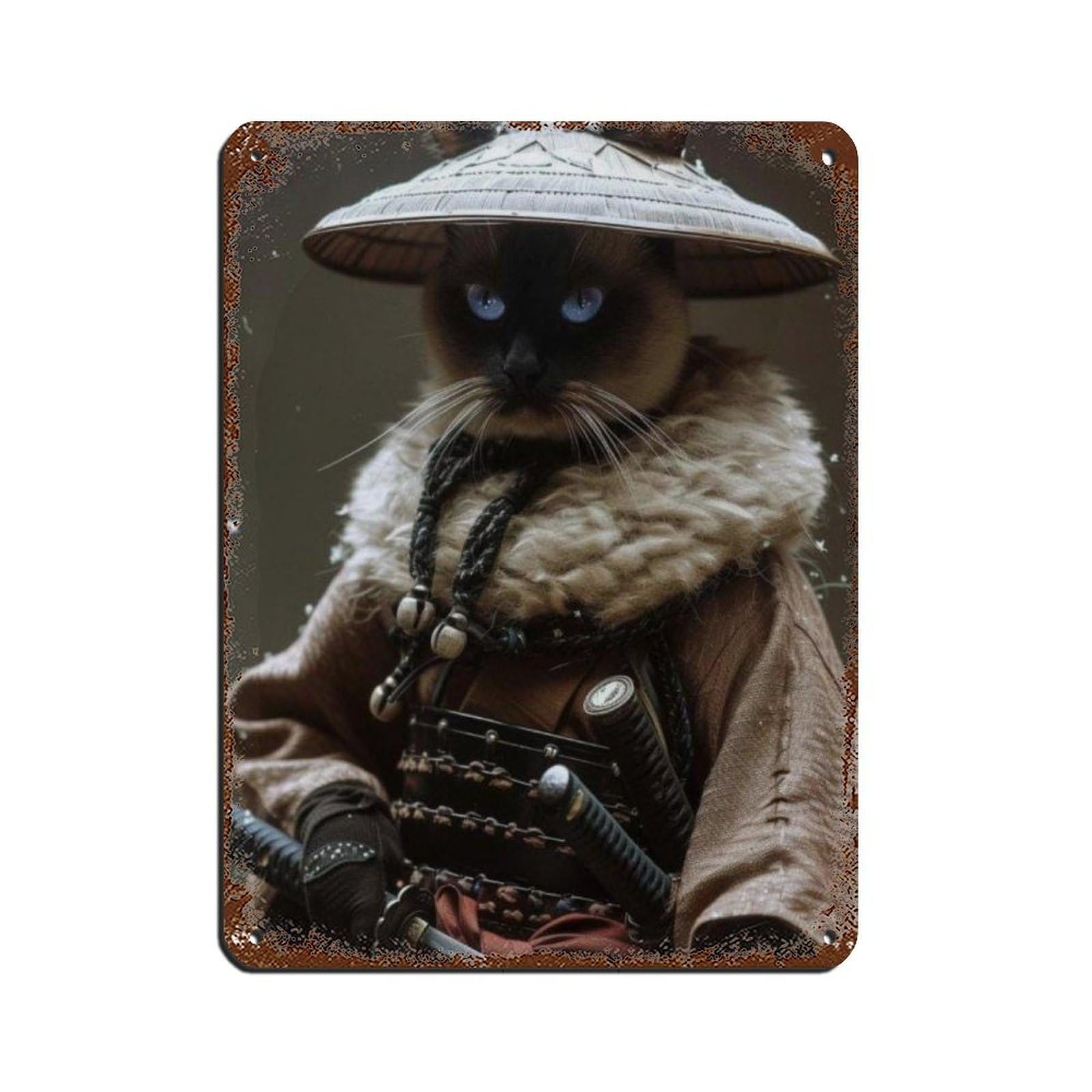 Lxwnze 30L X 40W Cm Samurai Cat Art Poster, Retro Poster Metal Tin Sign Chic Art Retro Iron Painting Bar People Cave Cafe Family Garage Poster Wall Decoration 12X16inch(30X40cm)
