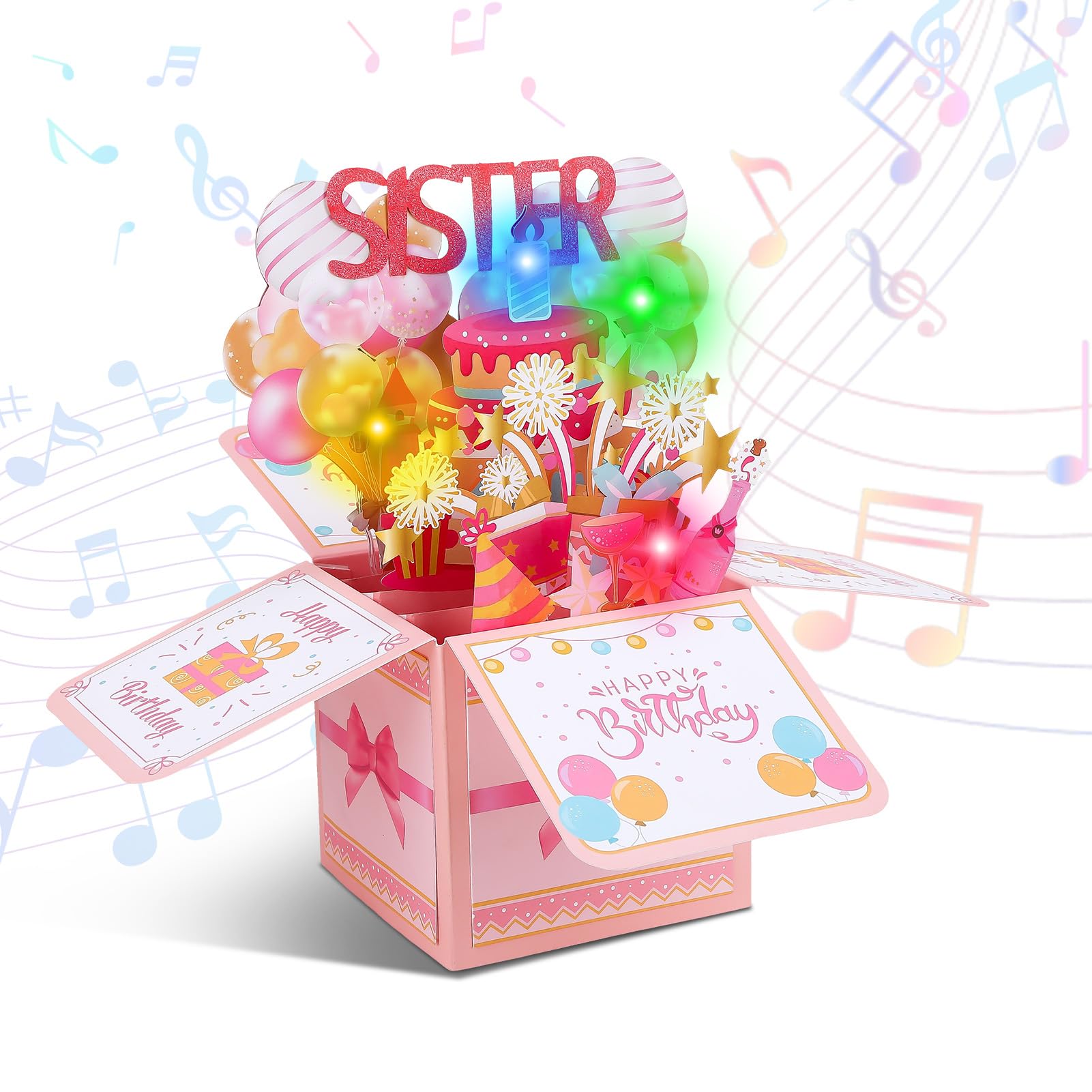 3D Sisters Birthday Card with Music and Blowable LED Lights Candle,Musical Pop up Greeting Cards Birthday Gift for Girls Women Party Decoration Keepsake