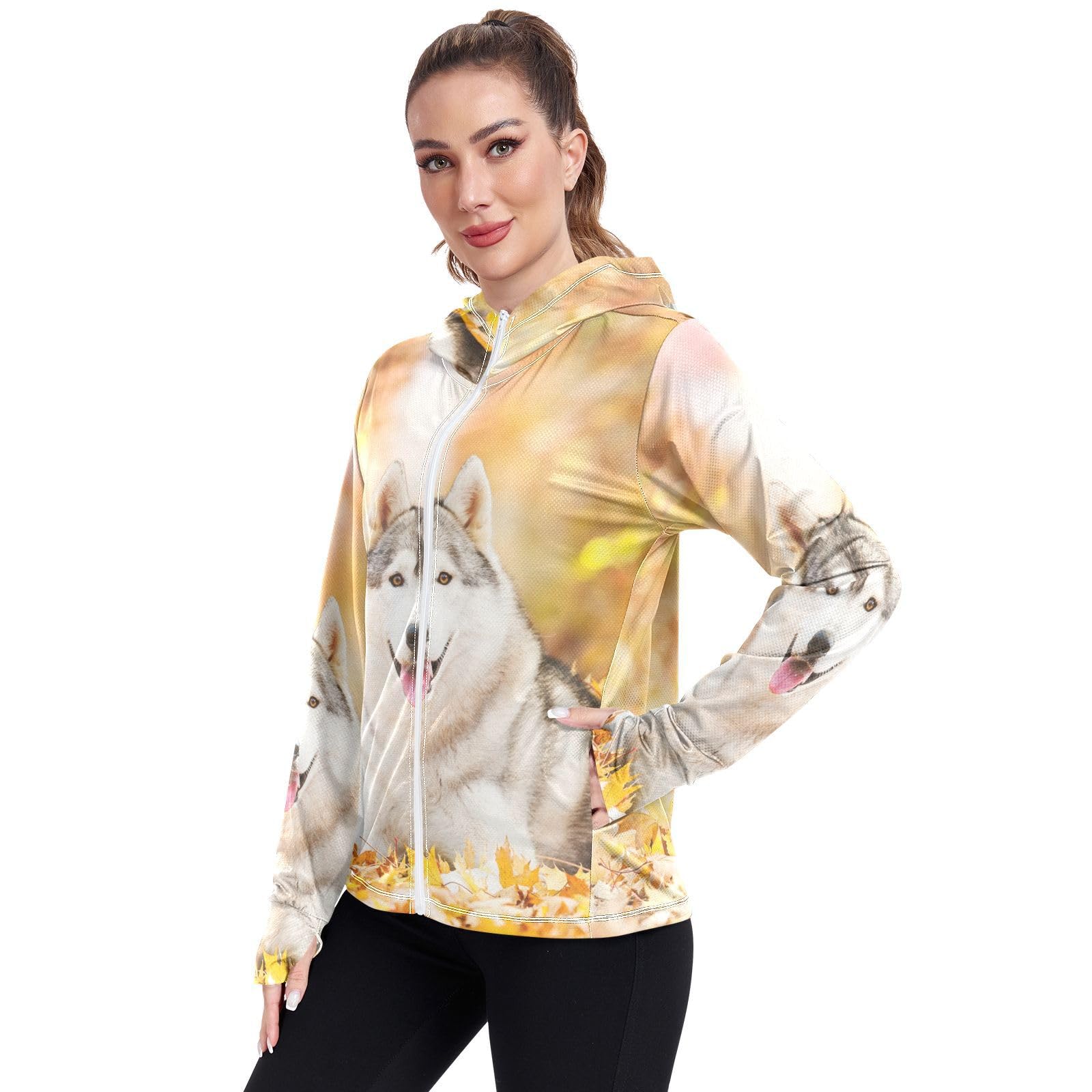 Siberian Husky Women's UPF 50+ Sun Protection UV Jacket - Zip Up Hoodie Long Sleeve Hiking Fishing SPF Performance Shirt with Pockets Thumbhole
