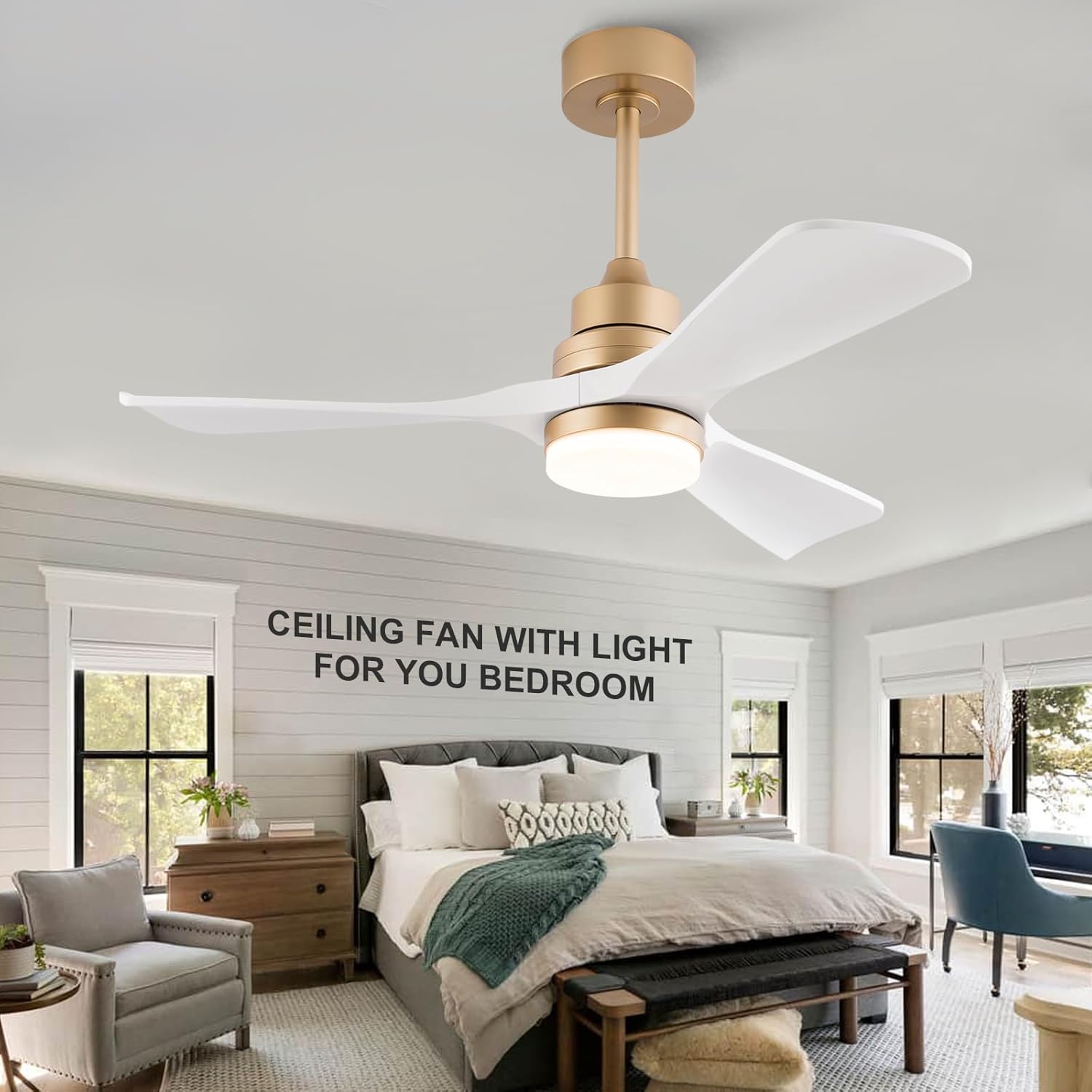 42 Inch White and Gold Ceiling Fans with Lights, ABS Blades, Noiseless Reversible DC Motor, 6 Speeds and 3 Color Temperatures, White Ceiling Fan with Remote Control for Bedroom Living Room Office