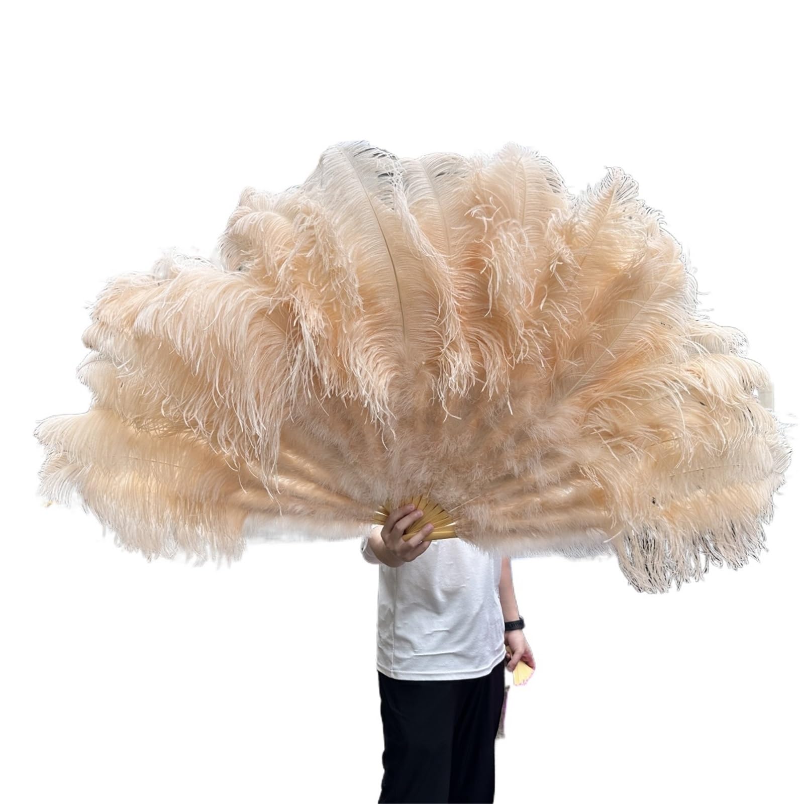 Éventail plumes d'autruche 130 cm champagne pliable pour sublimer vos chorégraphies de fête