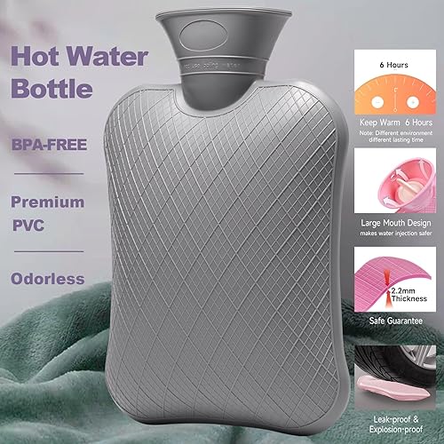 Miniatura 2 de ANMIA Botella de agua caliente con tapa, bolsa de agua caliente para alivio del dolor de 2 litros, terapia de calor y frío, calambres para el