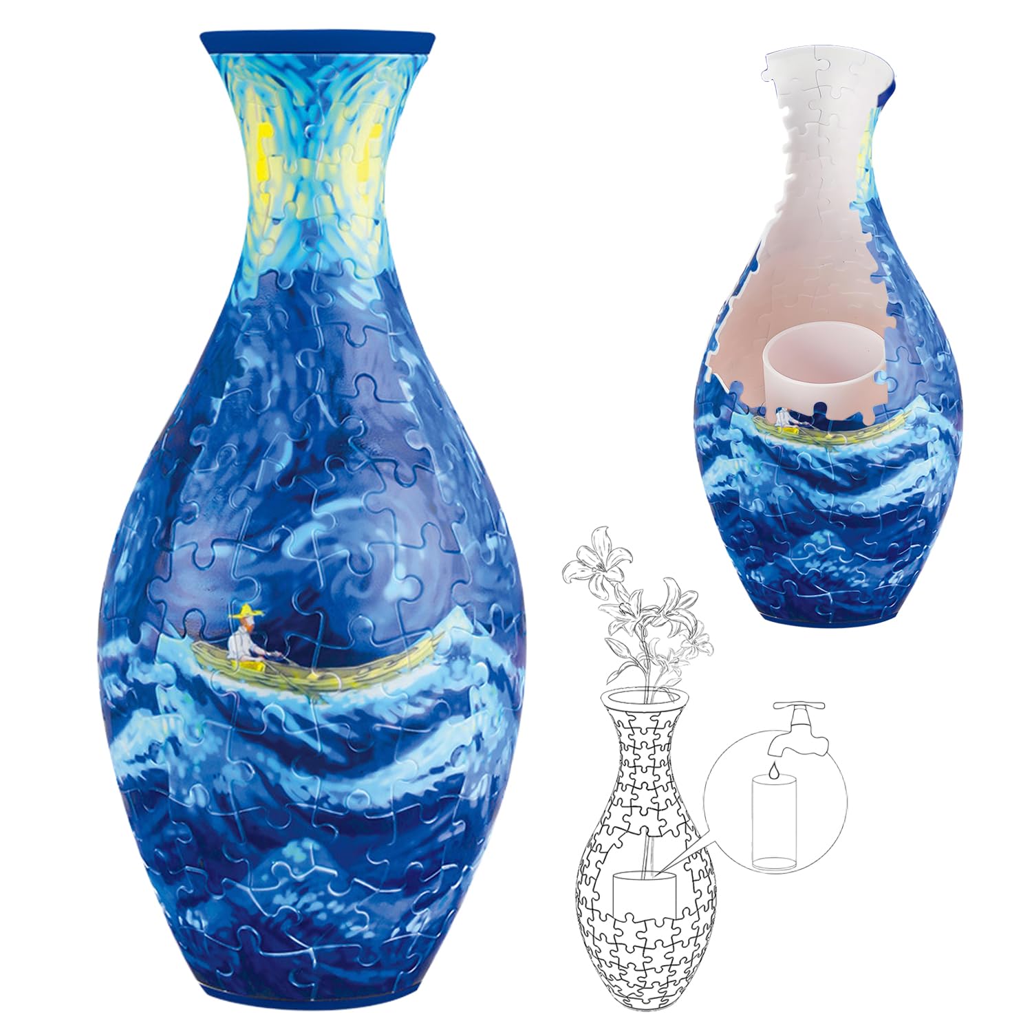 3D Vase Puzzle for Adults, 160 Pieces Puzzle Flower Vase Similar to Blue and White Porcelain ABS DIY Toy Flower Arrangements Home Decoration House