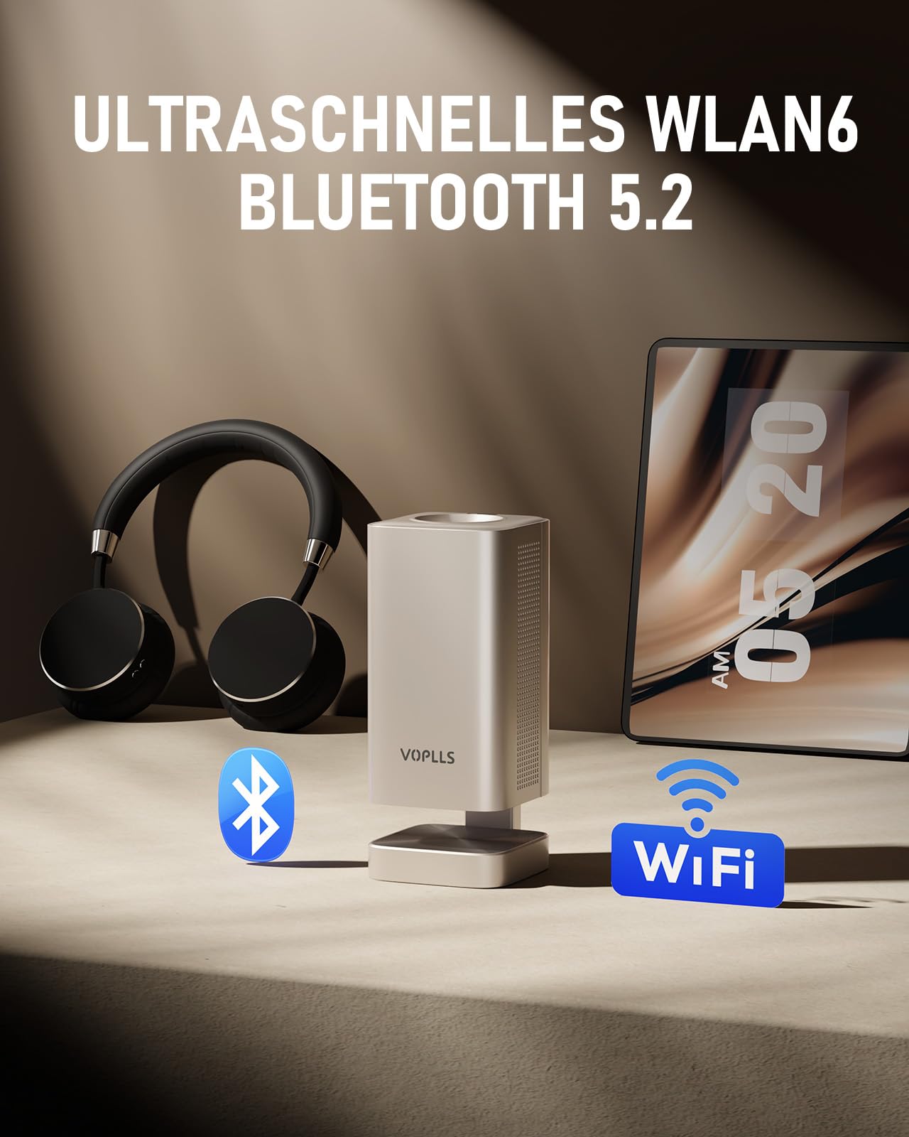 VOPLLS Smart Mini Beamer 4K 28000 Lumen Projektor, Full HD 1080P, WiFi6 Bluetooth, TOF Autofokus, Trapezkorrektur, 210° Drehbar, Kompatibel mit Netflix & Dolby Audio