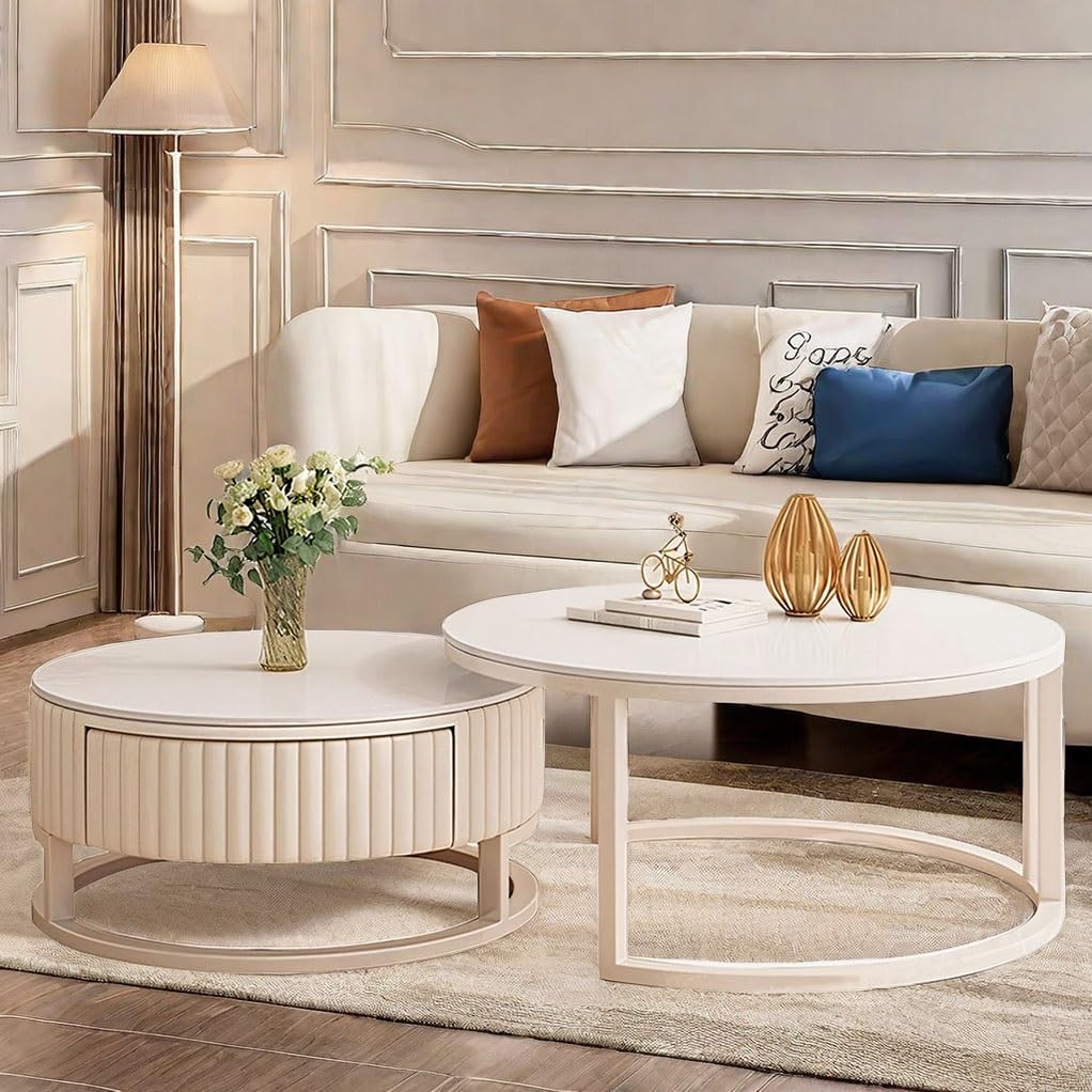 Zestaw 2 Okrągłych Stolików Kawowych Do Salonu, Stolik Boczny Biała, 50cm+70cm