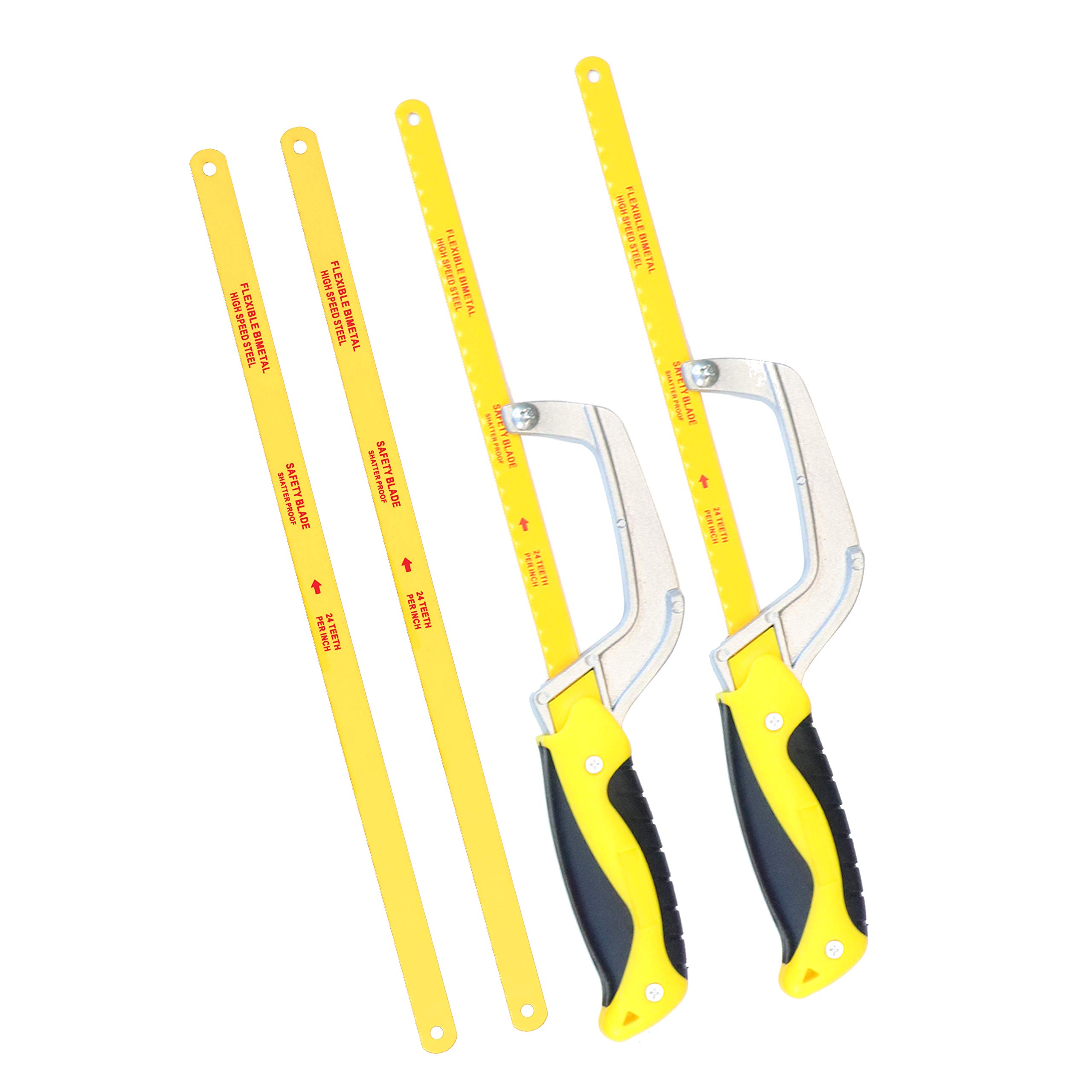 ACXMKEX Compact Mini Hacksaw 2 Pack Aluminum Frame with 3 Pieces Bi-metal HSS Replace Blades - Hand Operated Close Quarter Metal Hand Saw, Small Hack Saw, Yellow HS002Y-2