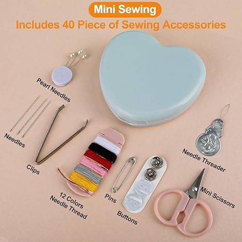 Miniatura 2 de Amaxiu 2 piezas de mini kit de costura de viaje, suministros de costura portátiles de viaje con bonito estuche organizador en forma de corazón, kit