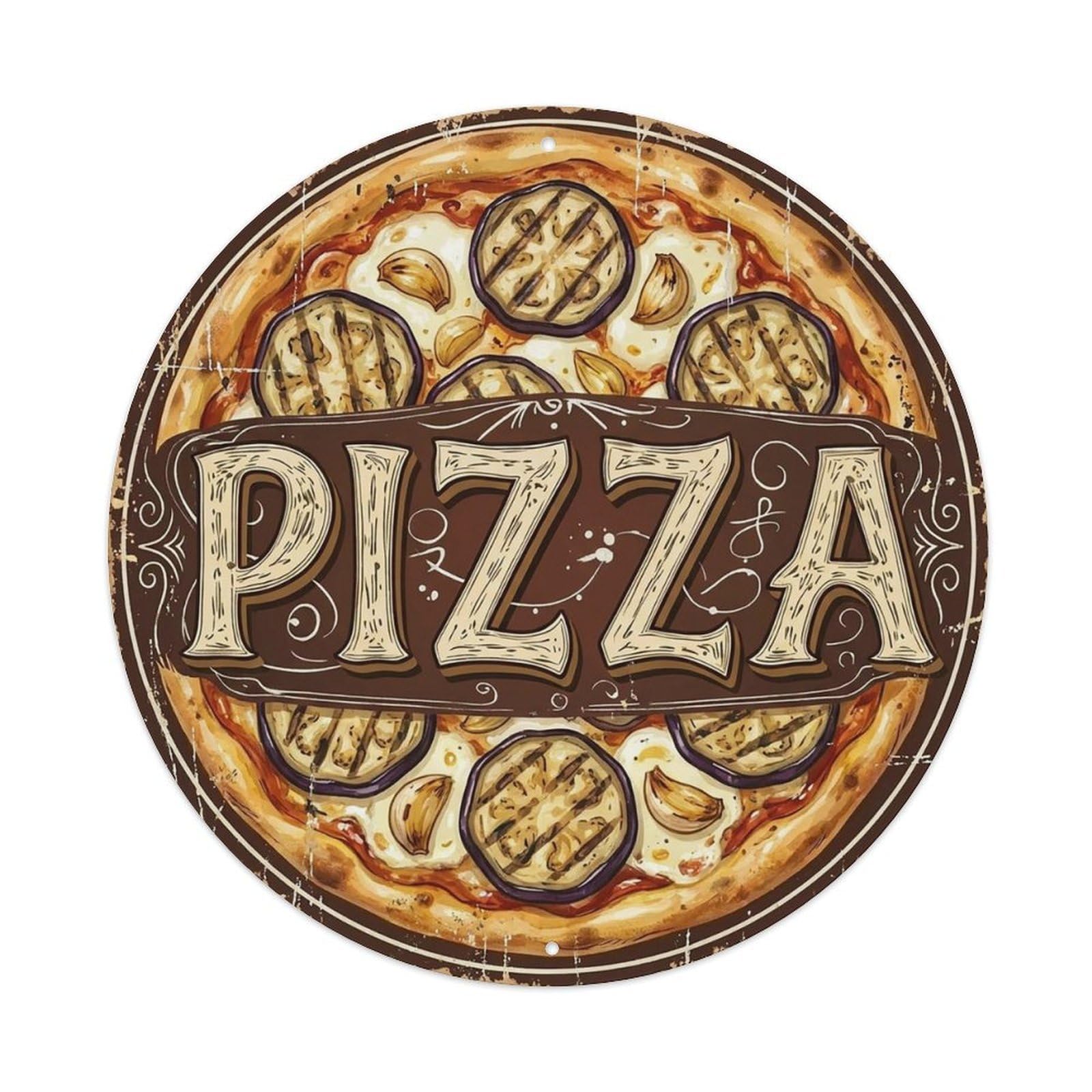 Yrnq 8X8inch Vintage Style Vintage Pizza Eggplant Mozzarella Garlic Food Decoration Metal Tin Sign