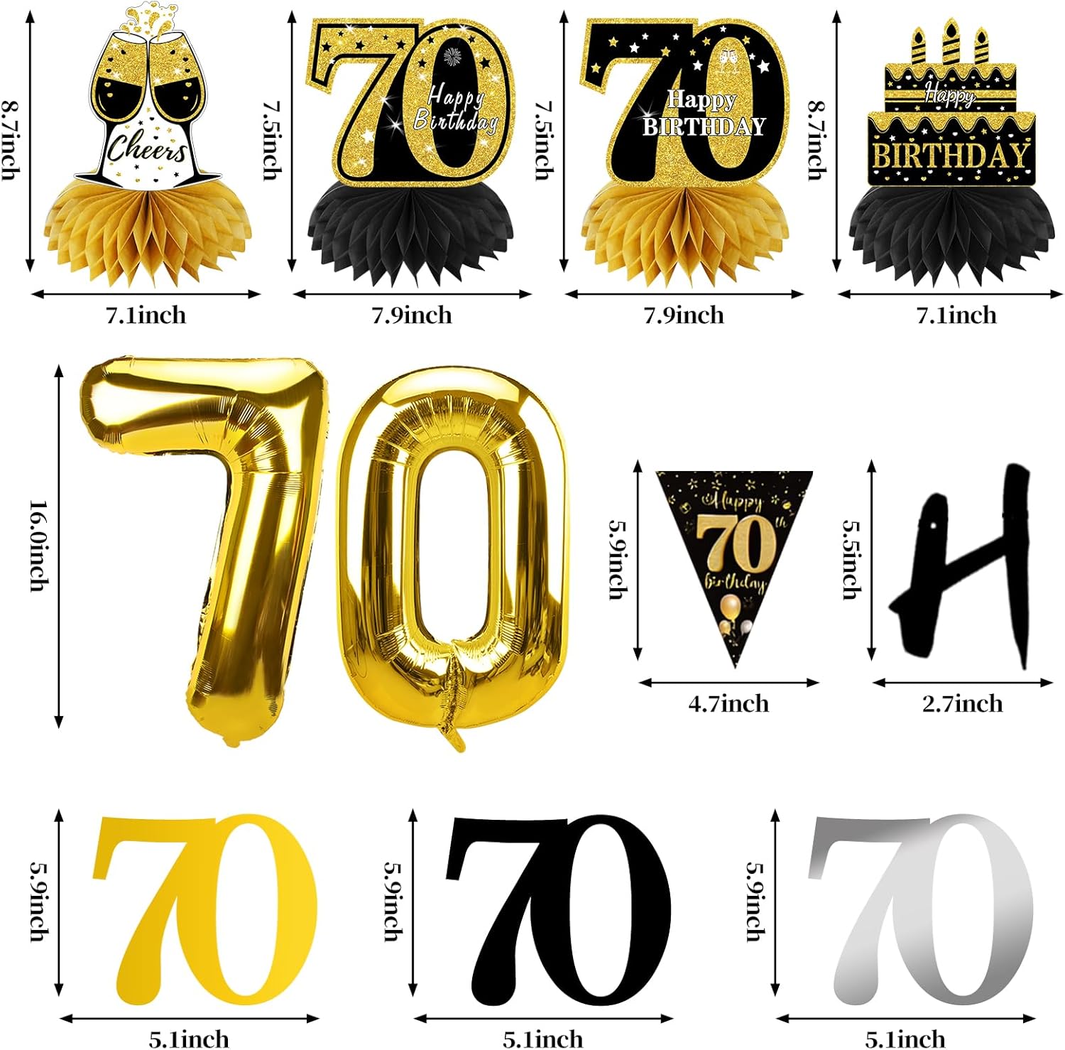 13PCS 70th Birthday Decorations for Men Women, Black Gold Happy 70 Birthday Banner Centerpieces Swirls Balloons Kit Party Supplies, Seventy Years Old Bday Ceiling Table Topper Decor - Image 2
