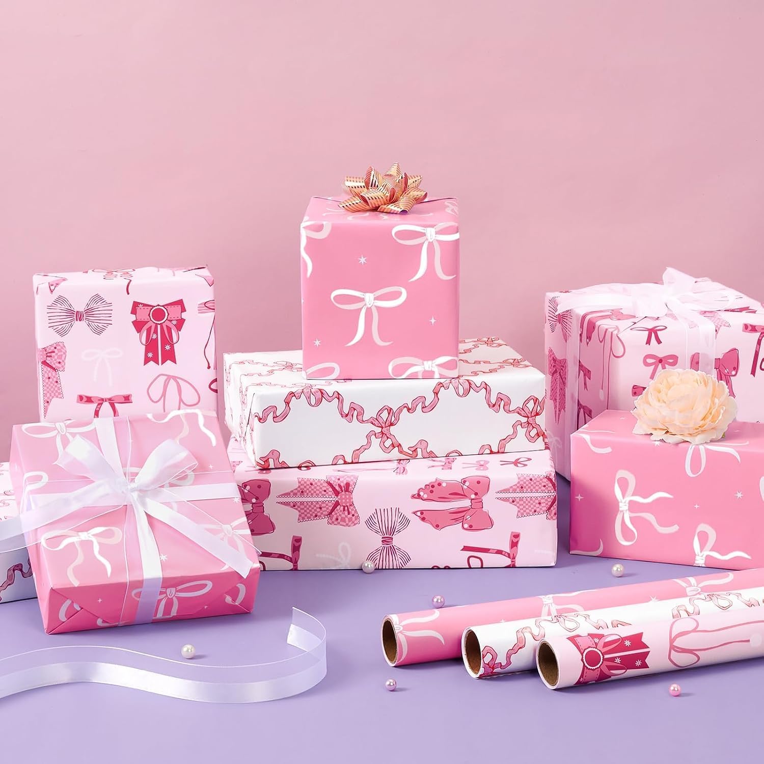 WERNNSAI Pink Wrapping Paper Birthday 3 x 10ft Princess Bow Wrapping Paper image 2