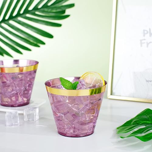 Miniatura 5 de LUODA 150 vasos de plástico morados, vasos desechables morados de 9 onzas con borde dorado, vasos de plástico con borde dorado, vasos de plástico