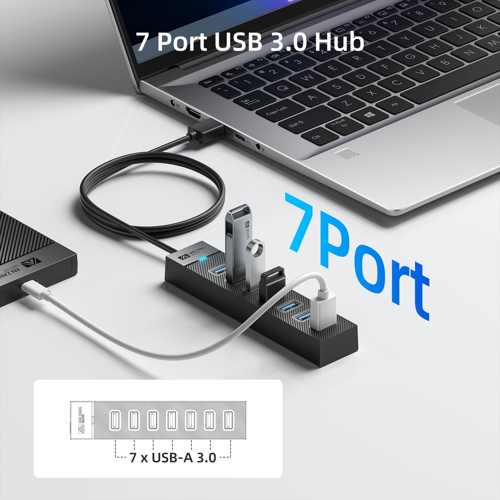 7-portowy hub USB 3.2 Gen1, koncentrator USB 3.0 z kablem 100 cm i portem zasilania 5 V/3A, koncentrator danych USB Hub USB do laptopa, MacBooka Pro/Mini,Surface Pro, mobilnego dysku twardego itp
