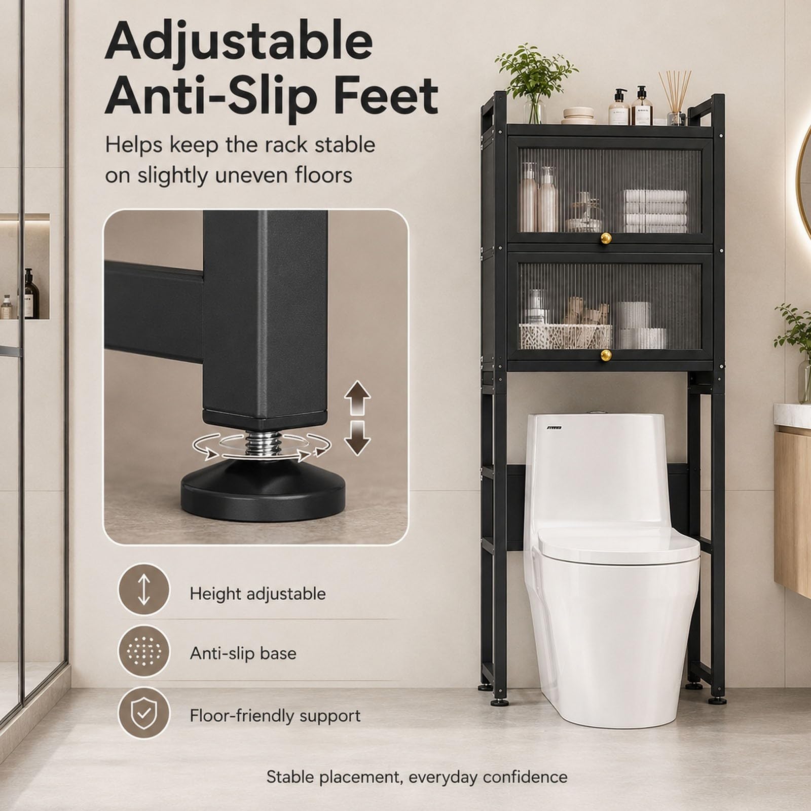 Mobile Portaoggetti Sopra WC, Armadietto Bagno a 3 Livelli con Ante
