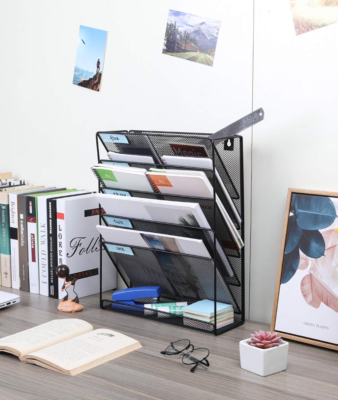 NETXE 5 Pockets Mesh Wall File Holder Organizer Office Hanging Magazine Rack, File Folder Organizer Document Paper Rack,Black 1