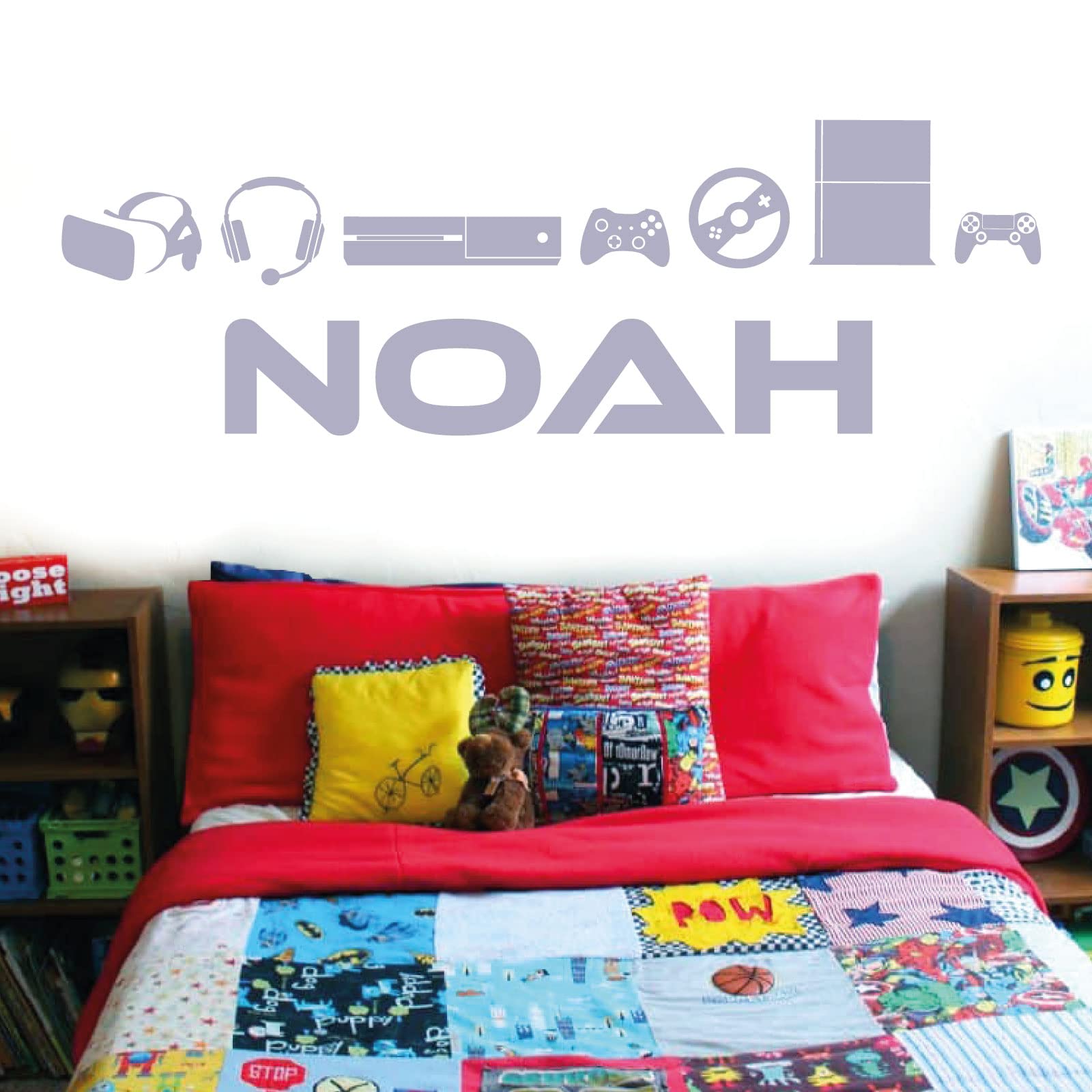 Personalised Name - Gamers, Gaming, Game Consoles - Boys Bedroom Vinyl Wall Decal Sticker [Large] [Light Grey]