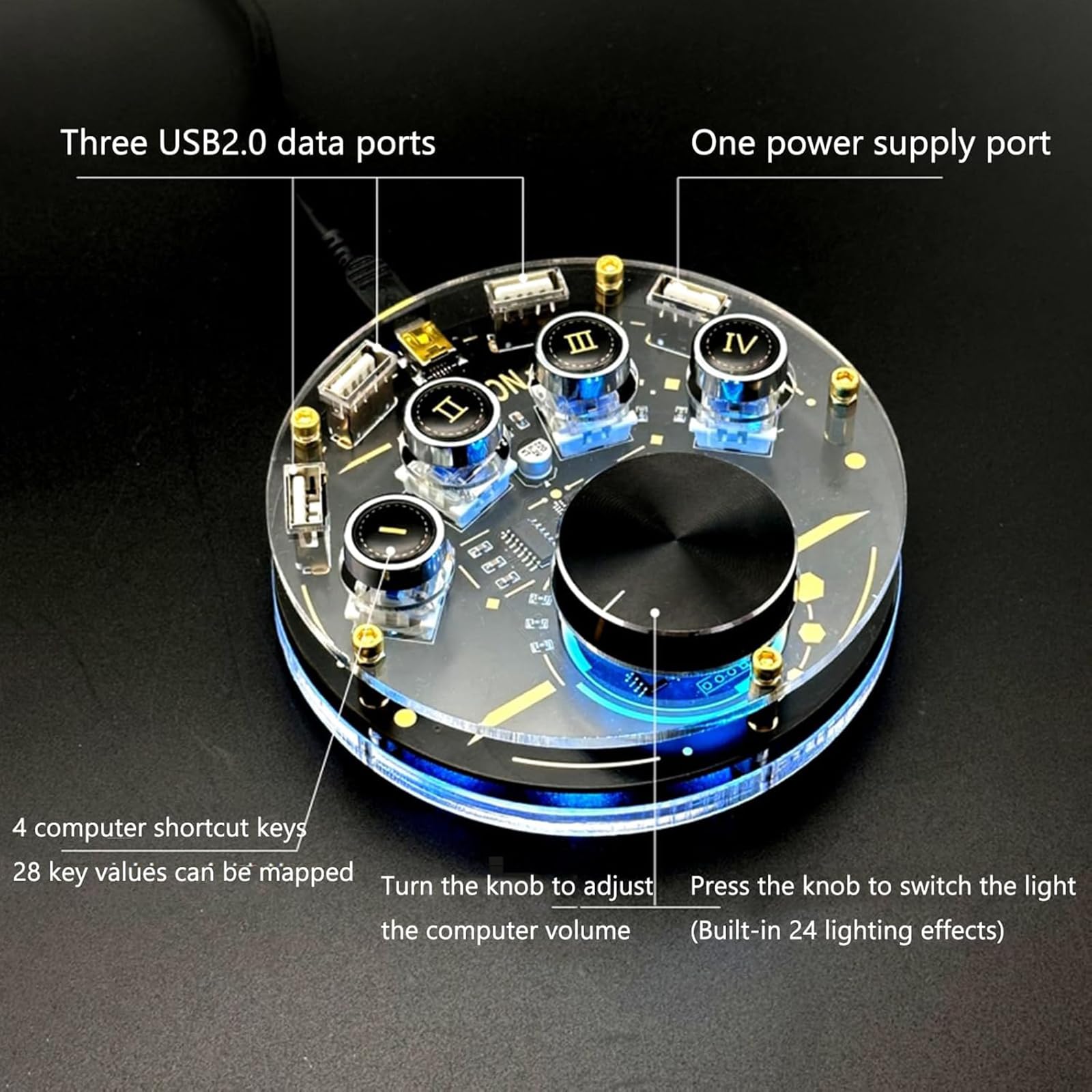 Docking Station USB, Hub USB Multifunzione Con 4 Tasti Di Scelta Rapida Programmabili, 3 Porte USB 2.0, 1 Porta Di Alimentazione USB E 24 Effetti Di Illuminazione RGB, Ideale Per Il Gaming In Studio
