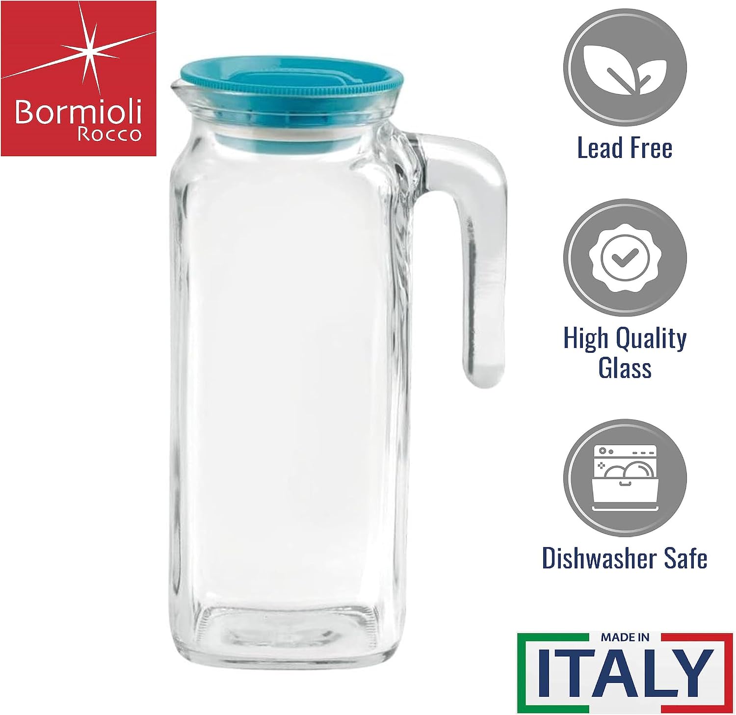 Bormioli Rocco Frigoverre Classic Jug Set of 2-33.75 oz Glass Beverage Pitchers with Teal Locking Lids for Juice, Milk, Iced Tea & Infused Water - Versatile Kitchen Drinkware, Made in Italy